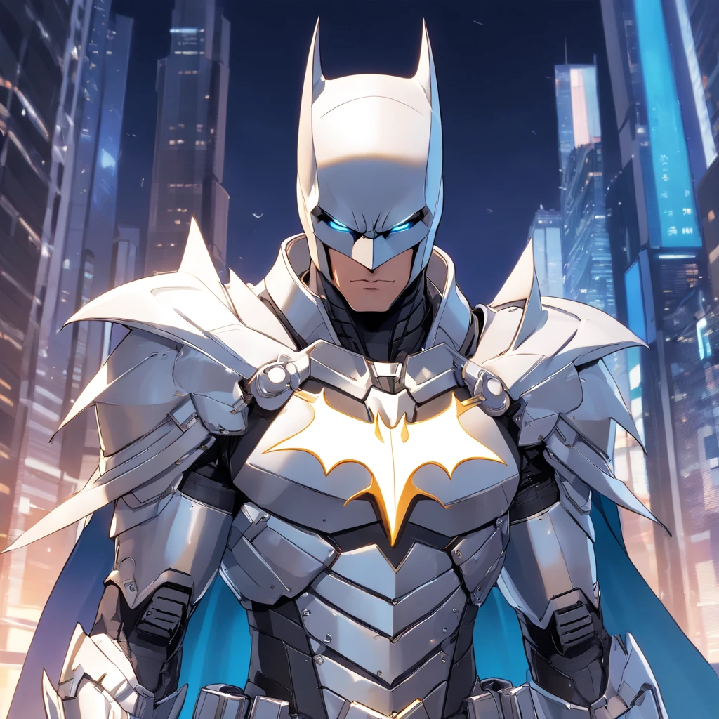 batman in armor with a sword and a cape on his shoulders, intricate assassin mecha armor, elegant smooth silver armor, sleek smooth white plated armor, silver cyber armor, gold and silver armour suit, shiny silver metal armor, arasaka mech, white plated armor, god king of ai art, silver and gold heavy armor, shiny metal armor, white metallic armor