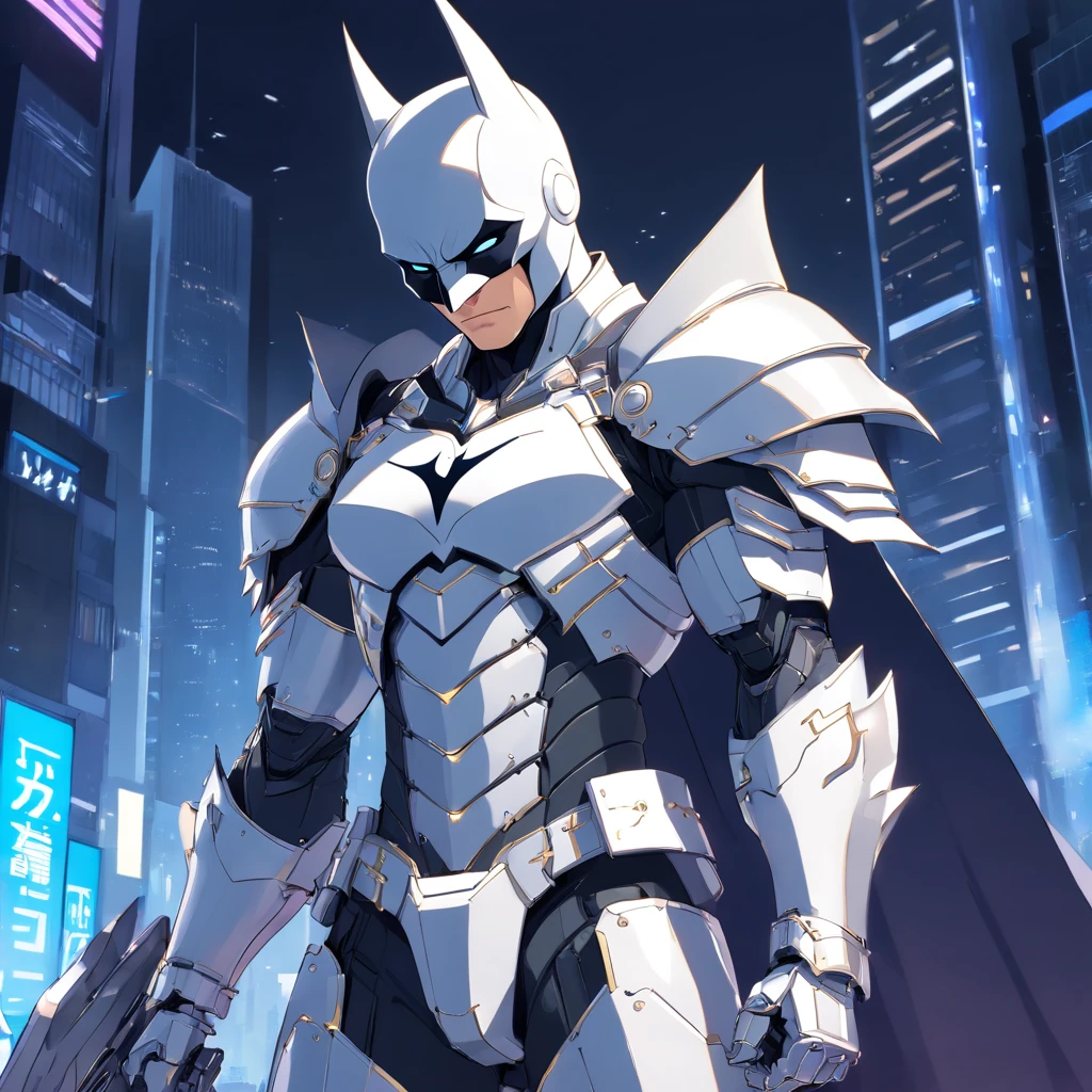 batman in armor with a sword and a cape on his shoulders, intricate assassin mecha armor, elegant smooth silver armor, sleek smooth white plated armor, silver cyber armor, gold and silver armour suit, shiny silver metal armor, arasaka mech, white plated armor, god king of ai art, silver and gold heavy armor, shiny metal armor, white metallic armor