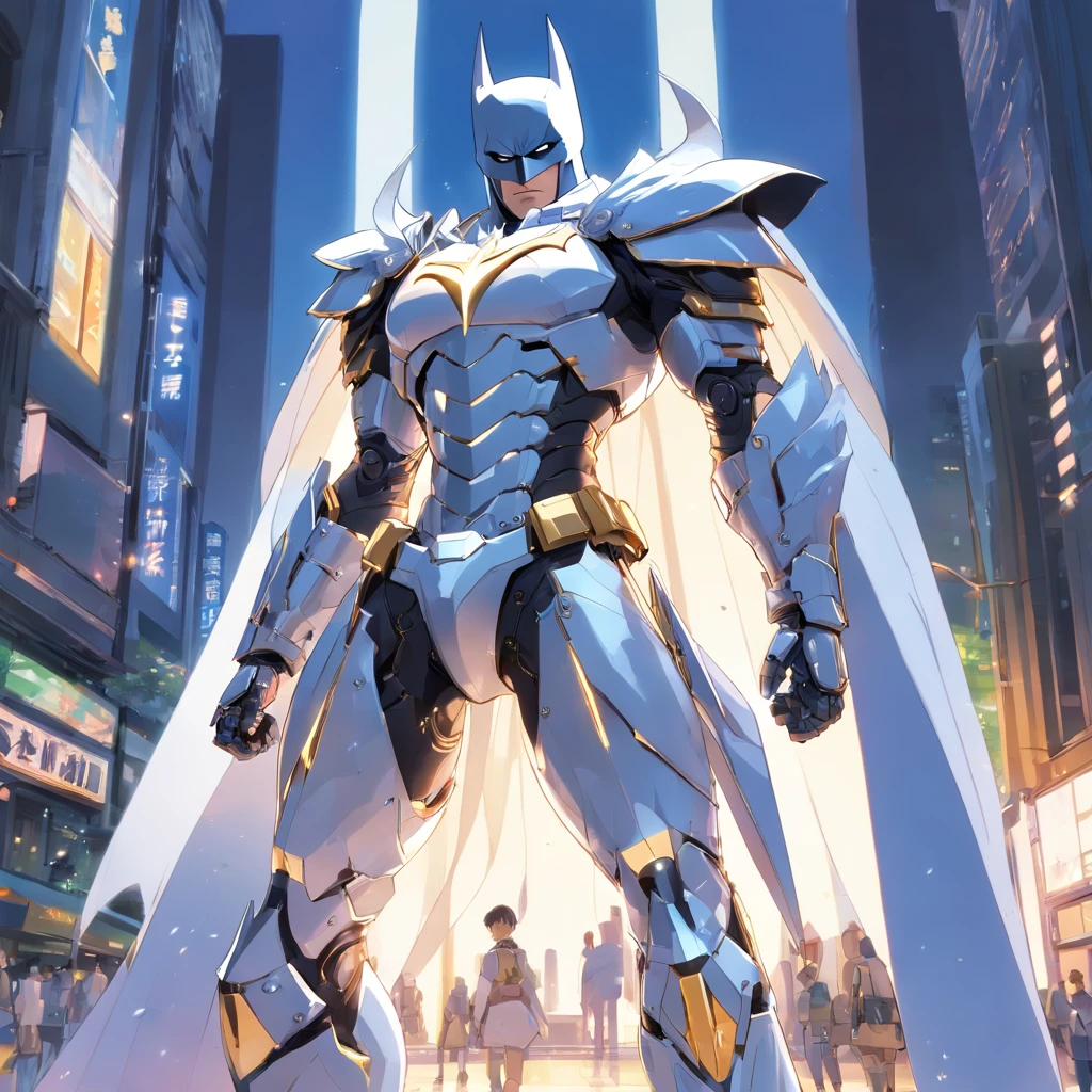 batman in armor with a sword and a cape on his shoulders, intricate assassin mecha armor, elegant smooth silver armor, sleek smooth white plated armor, silver cyber armor, gold and silver armour suit, shiny silver metal armor, arasaka mech, white plated armor, god king of ai art, silver and gold heavy armor, shiny metal armor, white metallic armor