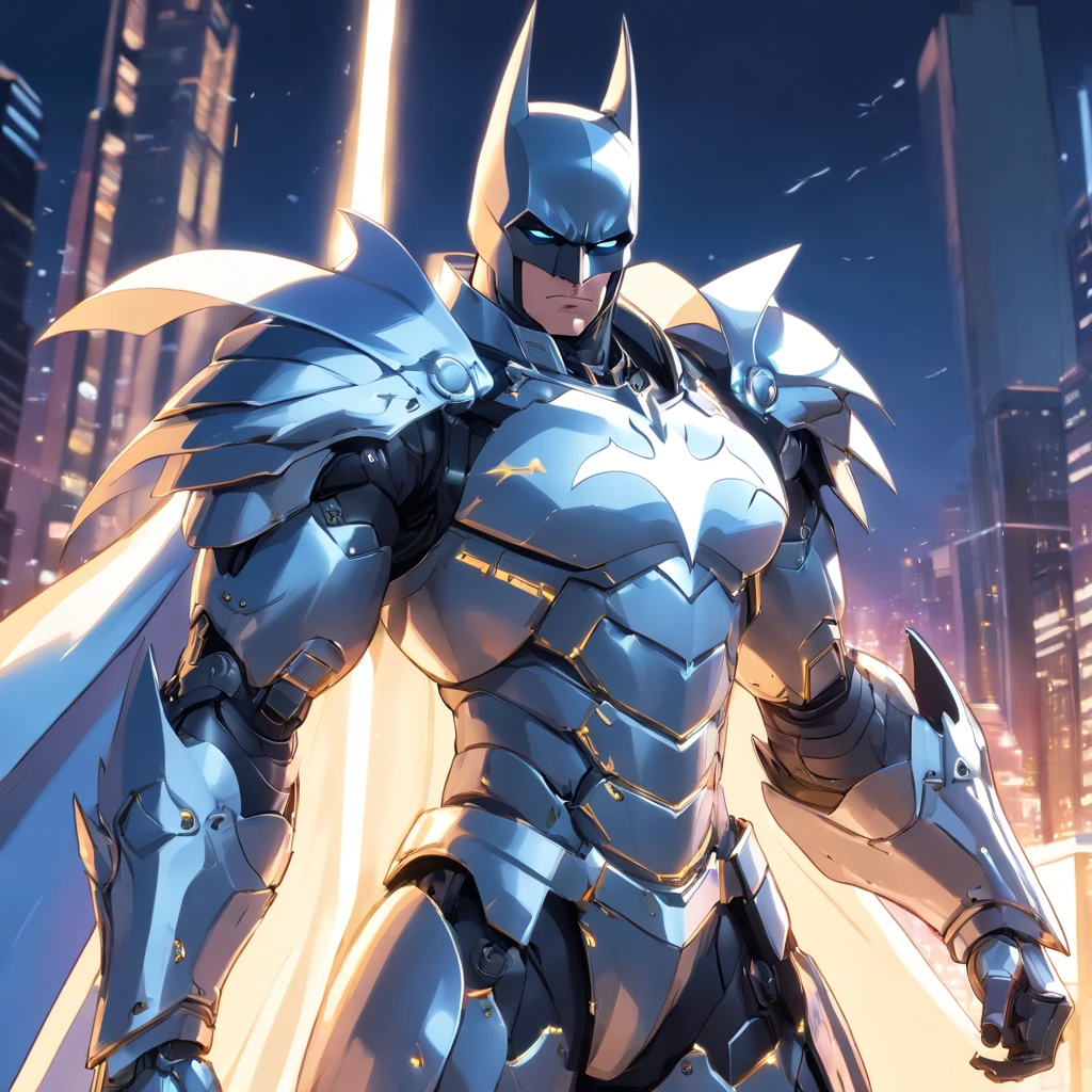 batman in armor with a sword and a cape on his shoulders, intricate assassin mecha armor, elegant smooth silver armor, sleek smooth white plated armor, silver cyber armor, gold and silver armour suit, shiny silver metal armor, arasaka mech, white plated armor, god king of ai art, silver and gold heavy armor, shiny metal armor, white metallic armor