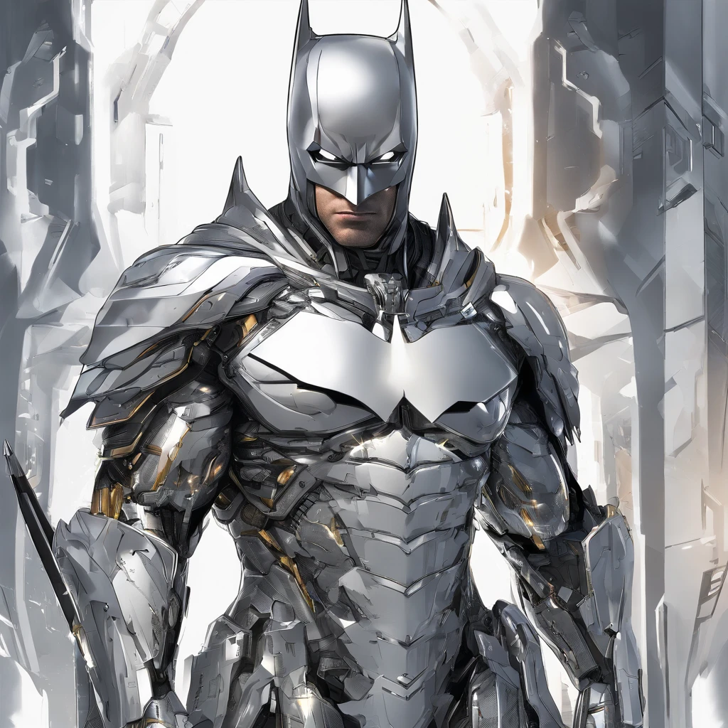 batman in armor with a sword and a cape on his shoulders, intricate assassin mecha armor, elegant smooth silver armor, sleek smooth white plated armor, silver cyber armor, gold and silver armour suit, shiny silver metal armor, arasaka mech, white plated armor, god king of ai art, silver and gold heavy armor, shiny metal armor, white metallic armor