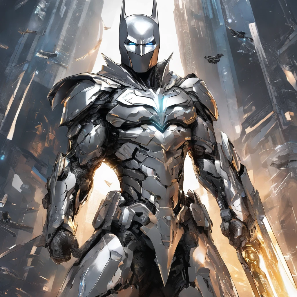 batman in armor with a sword and a cape on his shoulders, intricate assassin mecha armor, elegant smooth silver armor, sleek smooth white plated armor, silver cyber armor, gold and silver armour suit, shiny silver metal armor, arasaka mech, white plated armor, god king of ai art, silver and gold heavy armor, shiny metal armor, white metallic armor