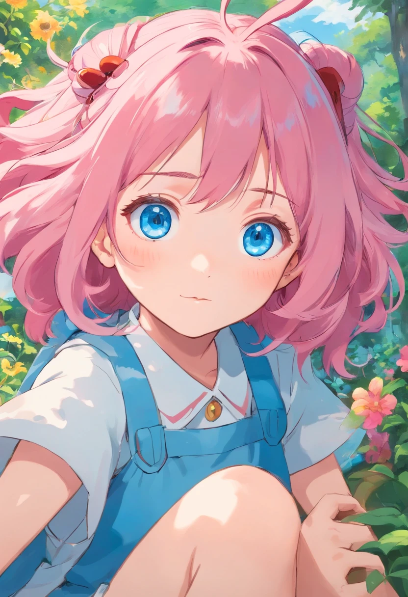 Anime like shikimori, pink hair, girl, super cute, big hair, blue eyes,and izumi