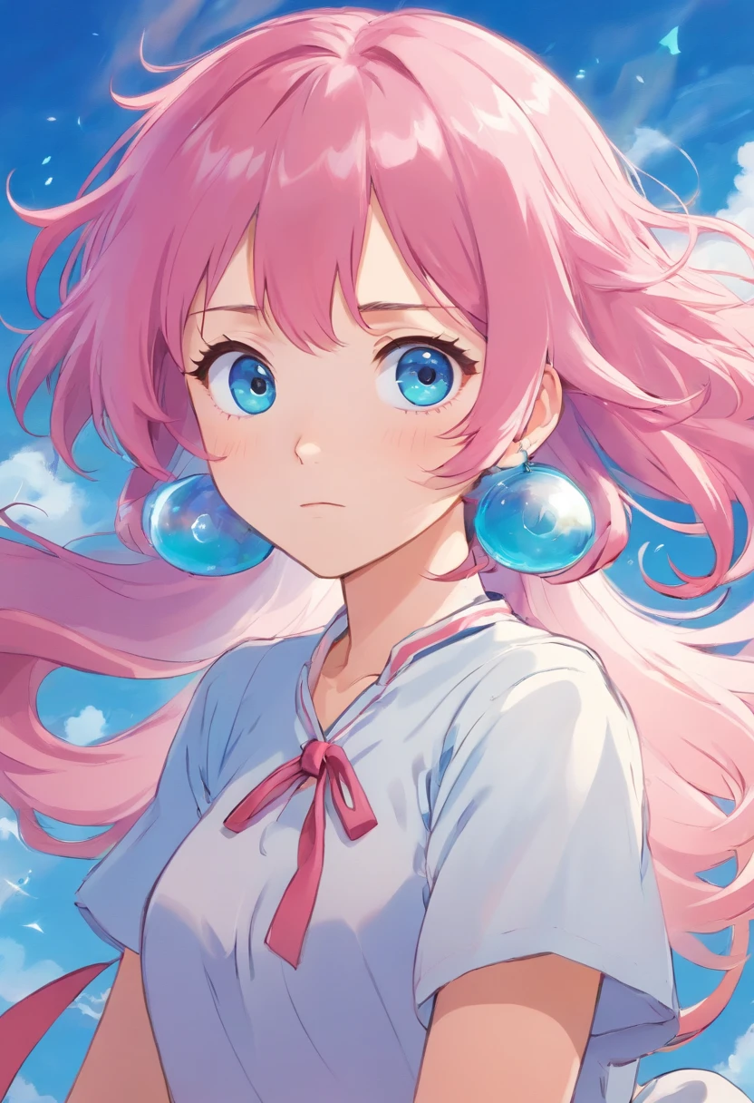 Anime like shikimori, pink hair, girl, super cute, big hair, blue eyes,and izumi