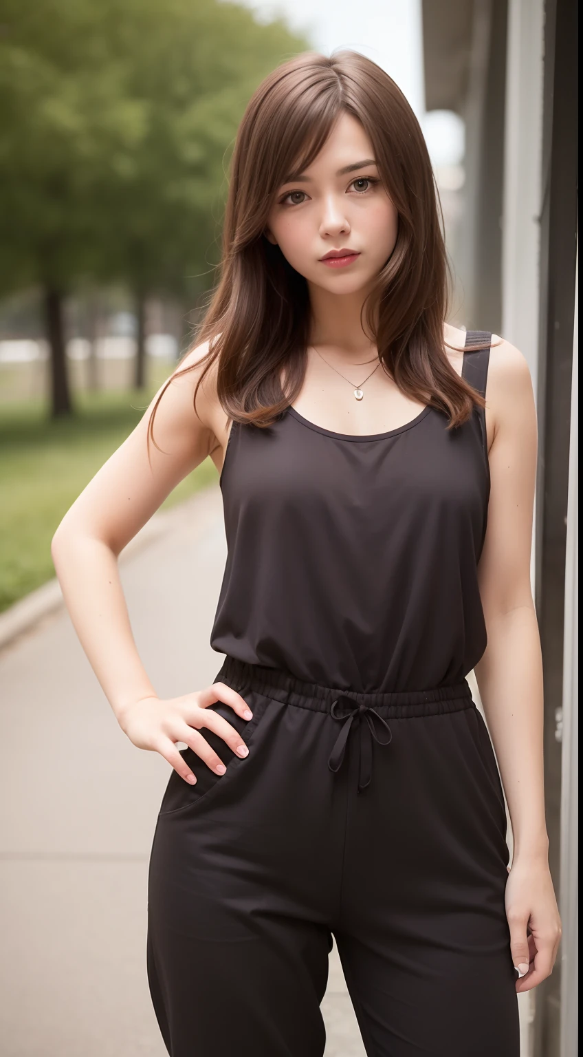 max caulfield   , 
brown hair ,  ,. red lips ,long hair , , no selfie , depth of field, no happy, 
 ,    no smiling ,,, jumpsuit , jens pants ,
 looking at viewer, at the. farm