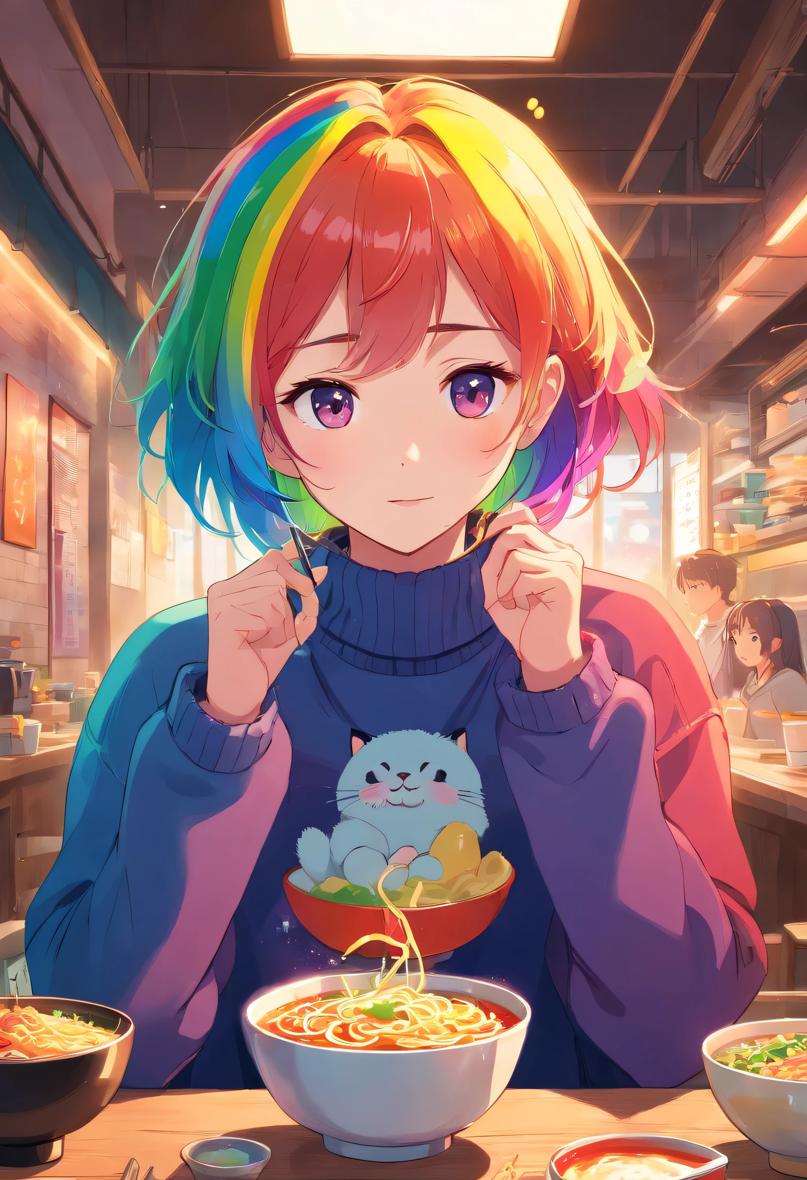rainbow colored hair, K-pop star in sweater, I'm eating Japanese ramen, There is a small cat, halo, Rainbow in the background