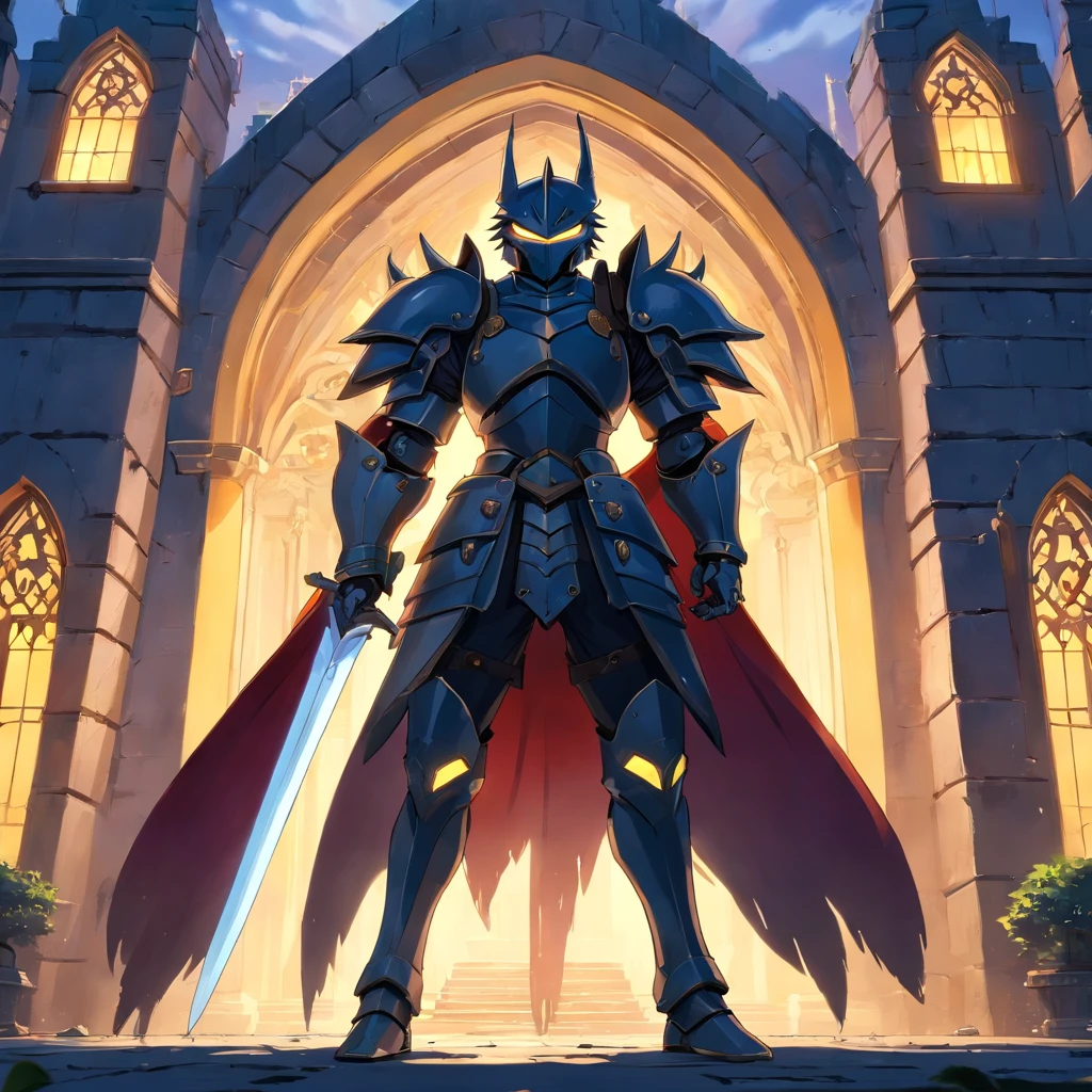 anime character with sword standing in front of a building, fallen knight, from arknights, gothic knight, evil knight, the style of wlop, fantasy knight, knight, royal emperor, dark souls knight, off-white plated armor, wearing heavy armor with cape, black heavy armor with gold trim, smooth anime cg art, artorias, glowing sword