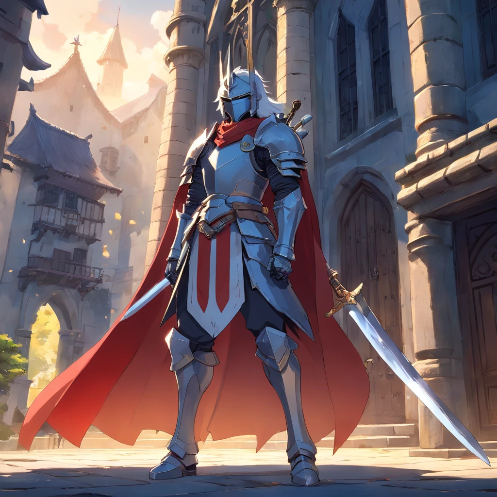 anime character with sword standing in front of a building, fallen knight, from arknights, gothic knight, evil knight, the style of wlop, fantasy knight, knight, royal emperor, dark souls knight, off-white plated armor, wearing heavy armor with cape, black heavy armor with gold trim, smooth anime cg art, artorias, glowing sword