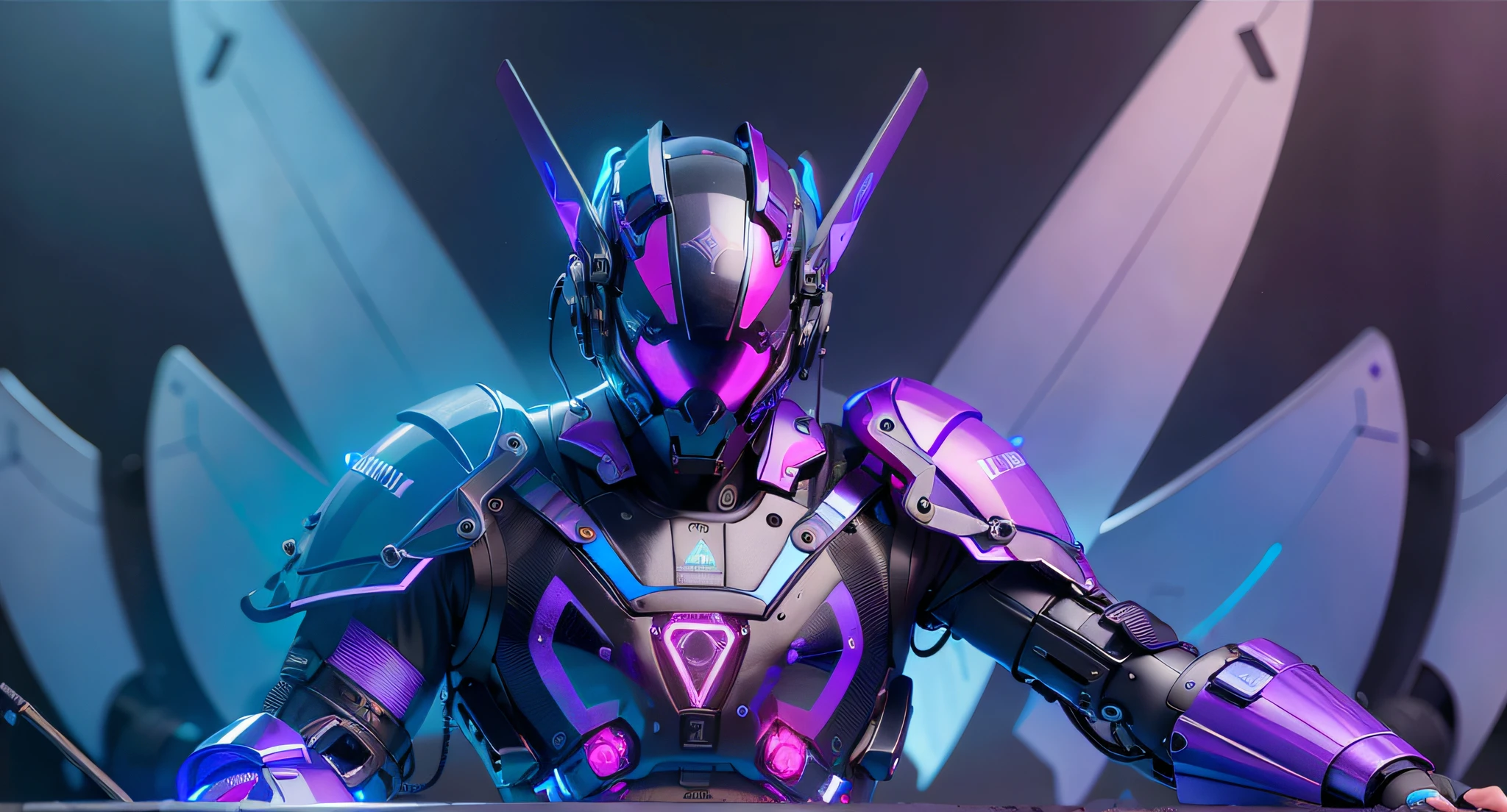 MALE. MAN. MAN. MALE..wings leds, divine paradise. neon blue and Purple butterfly wings leds. heavenly illumination. God. Holy robotic. levitating. Position of god. Deitado na cama. strong, robust and masculine body. fat arms. Position of divinity. Floating. divine statue, pedestal, holy pedestal. levitating. masterpiece, best quality, a close up of a futuristic looking cyborg man with a fantastic cyber helmet head with blue and Purple triangle led lights and a halo, full body, dancing. dance. synthwave ballad. silver pants. wearing a blue and Purple techwear jacket, white church in background. jump, full body, robotic legs. divine statue, pedestal, holy pedestal. neon blue and Purple butterfly wings leds. MASCULINE. MALE MASCULINE. Boy Muscular