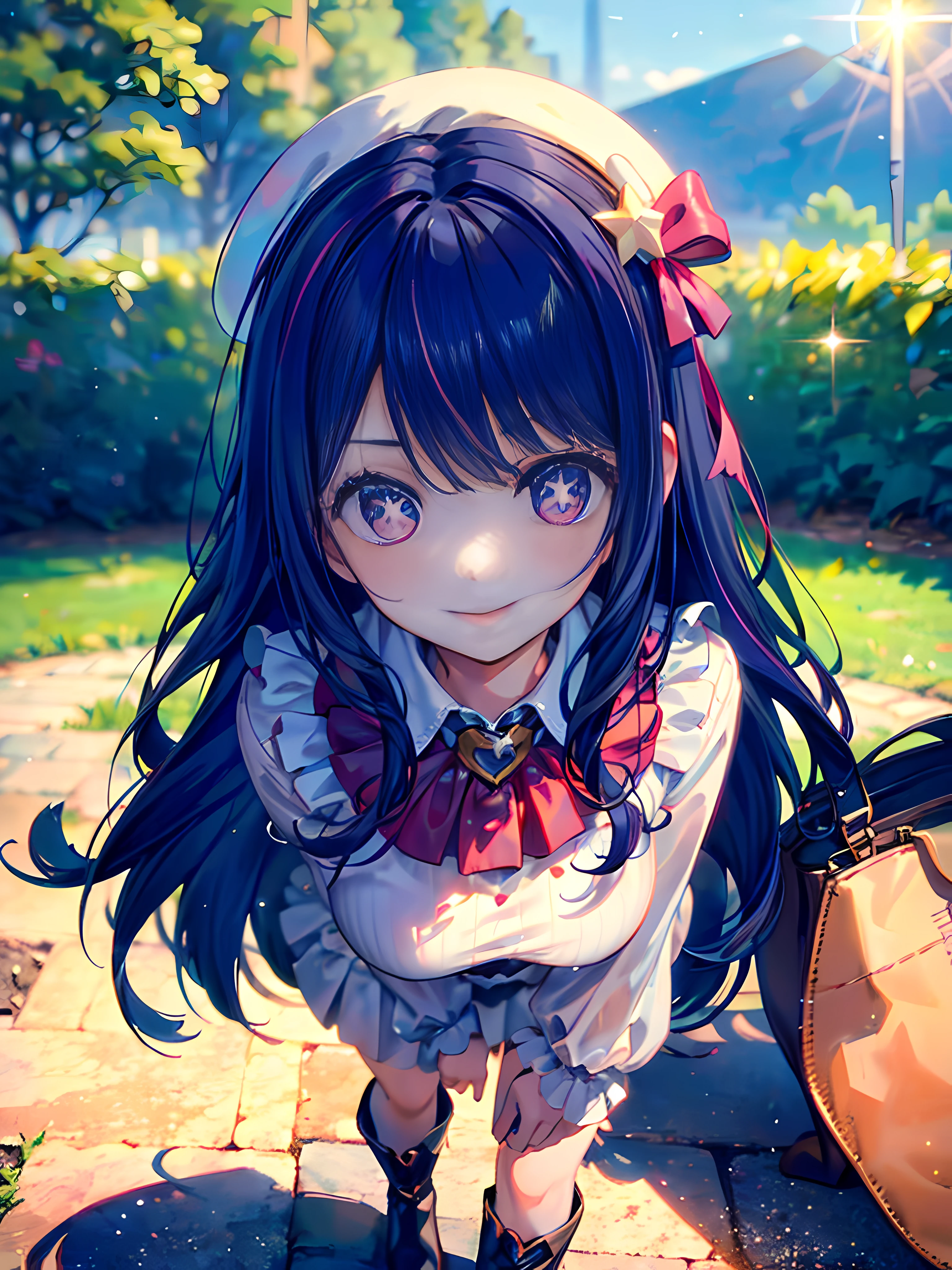 1 girl,(Ai Hoshino, Long hair, Purple hair, Striped hair ,Purple eyes, Star-shaped pupils, hair adornments) ,(Masterpiece, Best quality), (fine detailed beautiful eyes), (finely detailed eyes and detailed face), (scenery), (Extremely detailed CG, Ultra-detailed, Best shadow), Beautiful concept illustration, (illustration), (Extremely fine and beautiful), (Perfect details), Sitting, 1 cute girl, Solo, Smile, Nice has, Nice dress, Collared shirt, Black boots, Long sleeves, White headwear, Nice bag, beret, Blush, Outdoors, (Depth of field), Blurry, blurryforeground, Bokeh, danmaku, Depth of field, Lens flare, Sparkle, star flash,