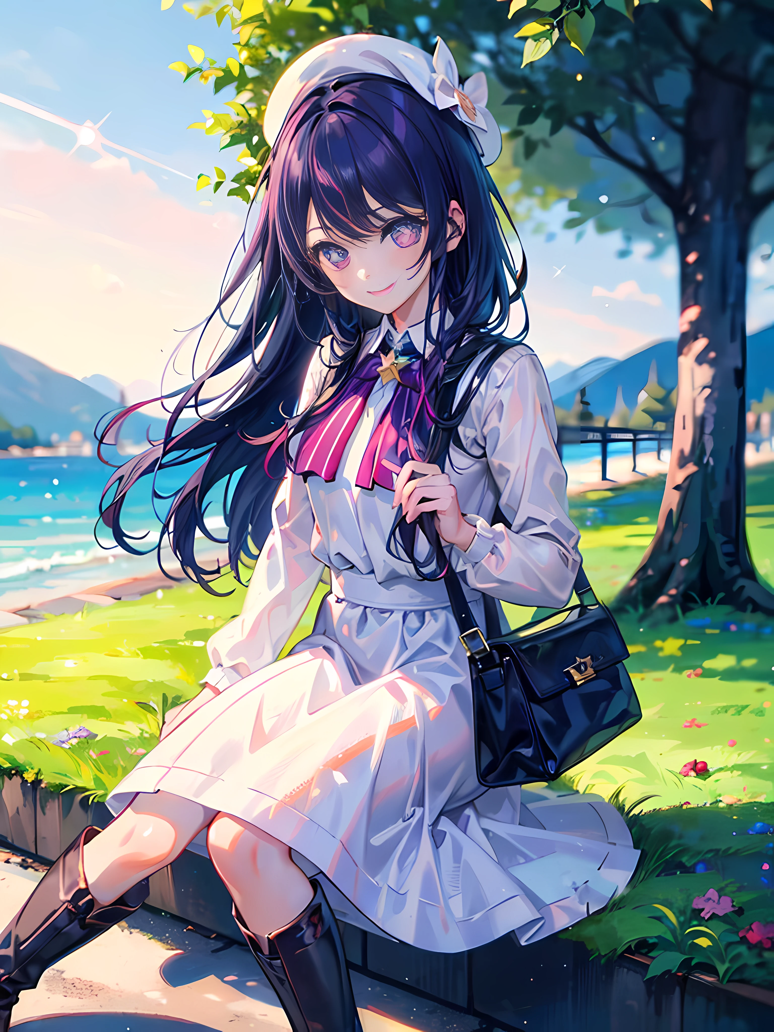 1 girl,(Ai Hoshino, Long hair, Purple hair, Striped hair ,Purple eyes, Star-shaped pupils, hair adornments) ,(Masterpiece, Best quality), (fine detailed beautiful eyes), (finely detailed eyes and detailed face), (scenery), (Extremely detailed CG, Ultra-detailed, Best shadow), Beautiful concept illustration, (illustration), (Extremely fine and beautiful), (Perfect details), Sitting, 1 cute girl, Solo, Smile, Nice has, Nice dress, Collared shirt, Black boots, Long sleeves, White headwear, Nice bag, beret, Blush, Outdoors, (Depth of field), Blurry, blurryforeground, Bokeh, danmaku, Depth of field, Lens flare, Sparkle, star flash,