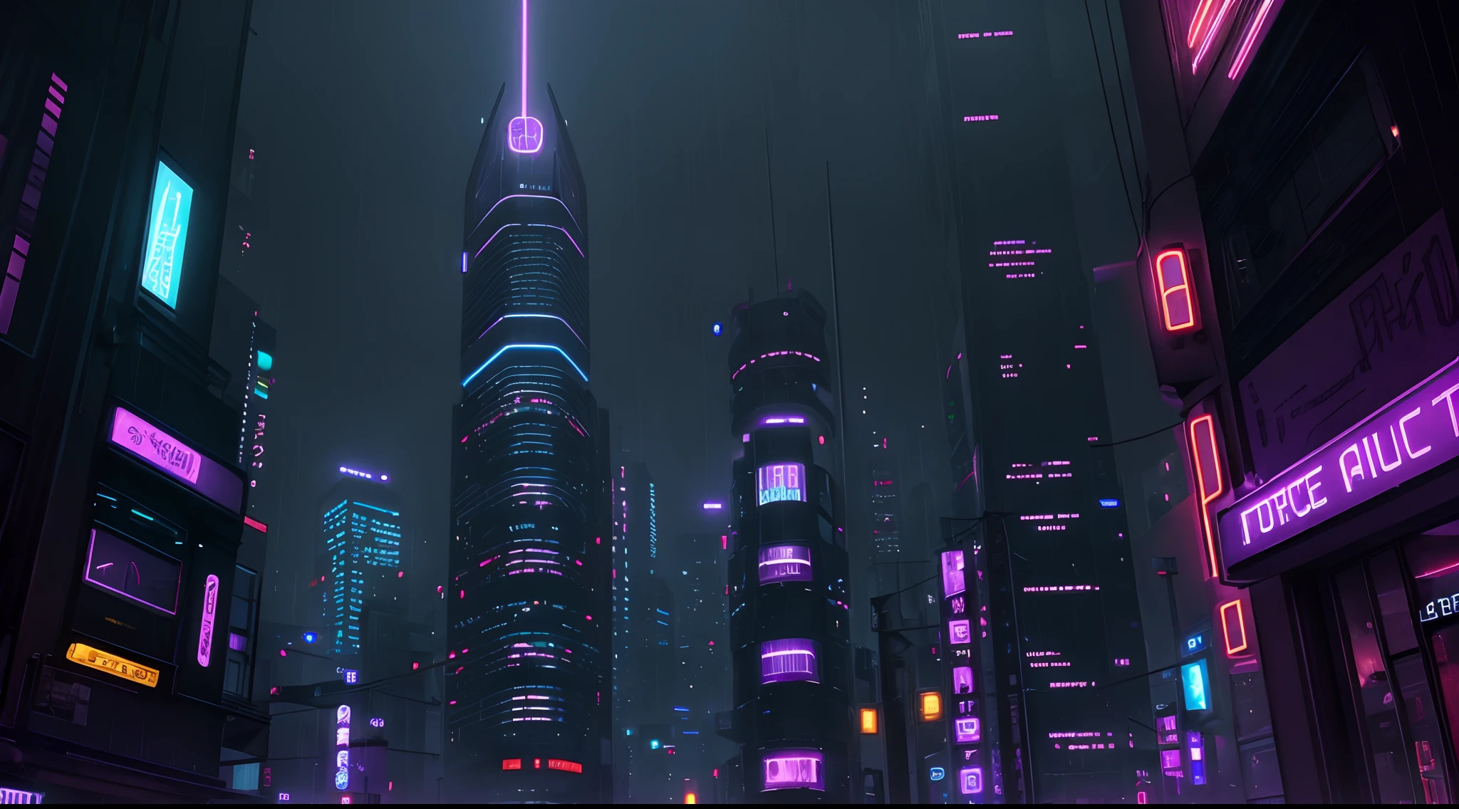 Background of the night city of the future, ciberpunk !!!, View from below from the street!!!, the night, rainy, Bladerunner, the night, mist, Neon, darkly, Purple shades of the city