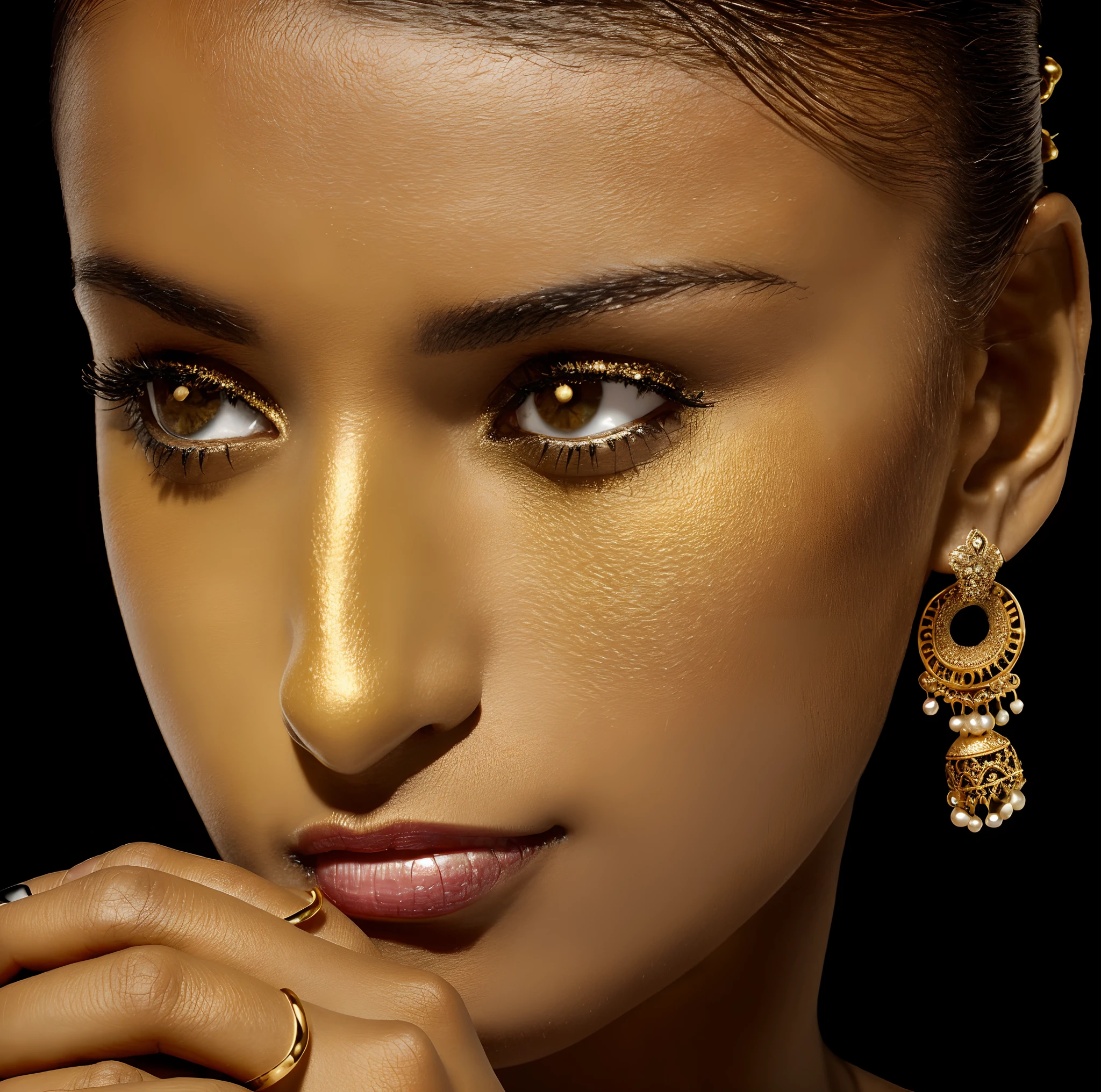 a close up of a woman highly quality, skin textures with a ring on her finger, wearing ornate earrings, with small studded earings, an earring, earrings, gold earring, earring, small studded earings, earings, girl with a pearl earringl, wearing intricate, with intricate details, golden earrings, big earrings, black jewellery, jewellery, intricate thin details in gold, 4k ,ultra hd