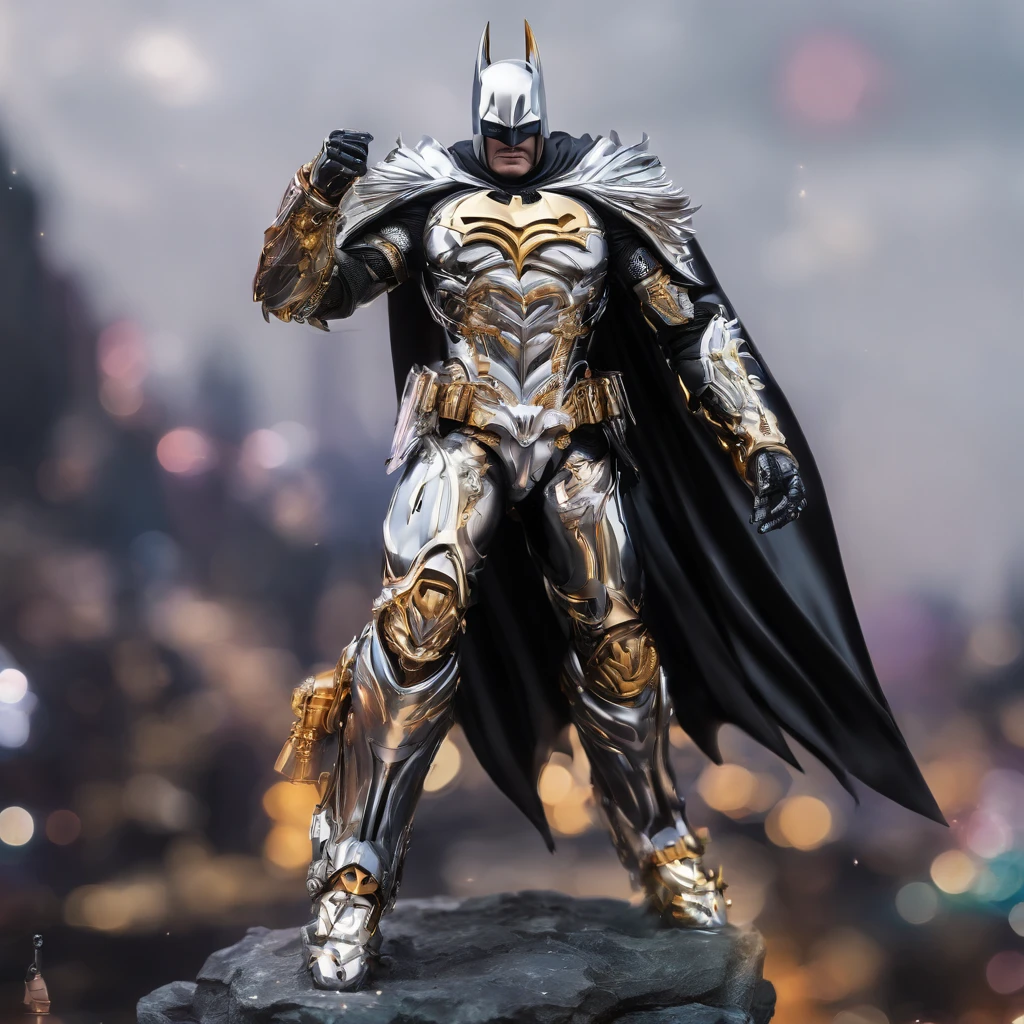 batman in armor with a sword and a cape on his shoulders, intricate assassin mecha armor, elegant smooth silver armor, sleek smooth white plated armor, silver cyber armor, gold and silver armour suit, shiny silver metal armor, arasaka mech, white plated armor, god king of ai art, silver and gold heavy armor, shiny metal armor, white metallic armor