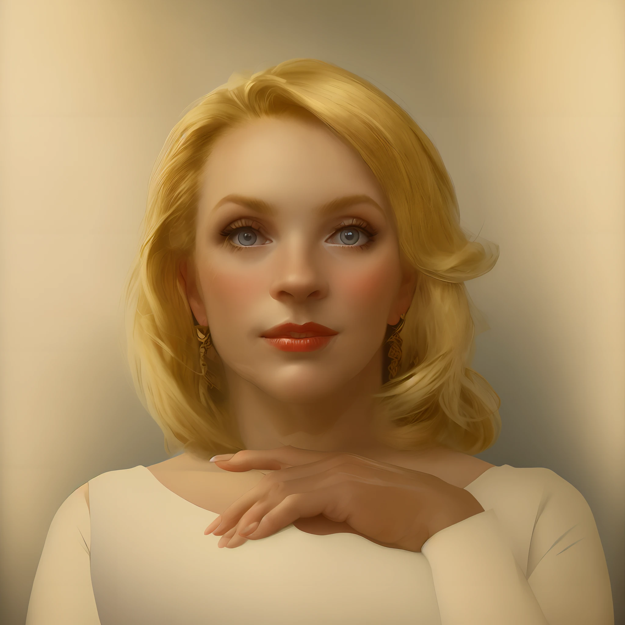 a painter in a studio paints a portrait of a beautiful blonde with long hair and a vintage dress.