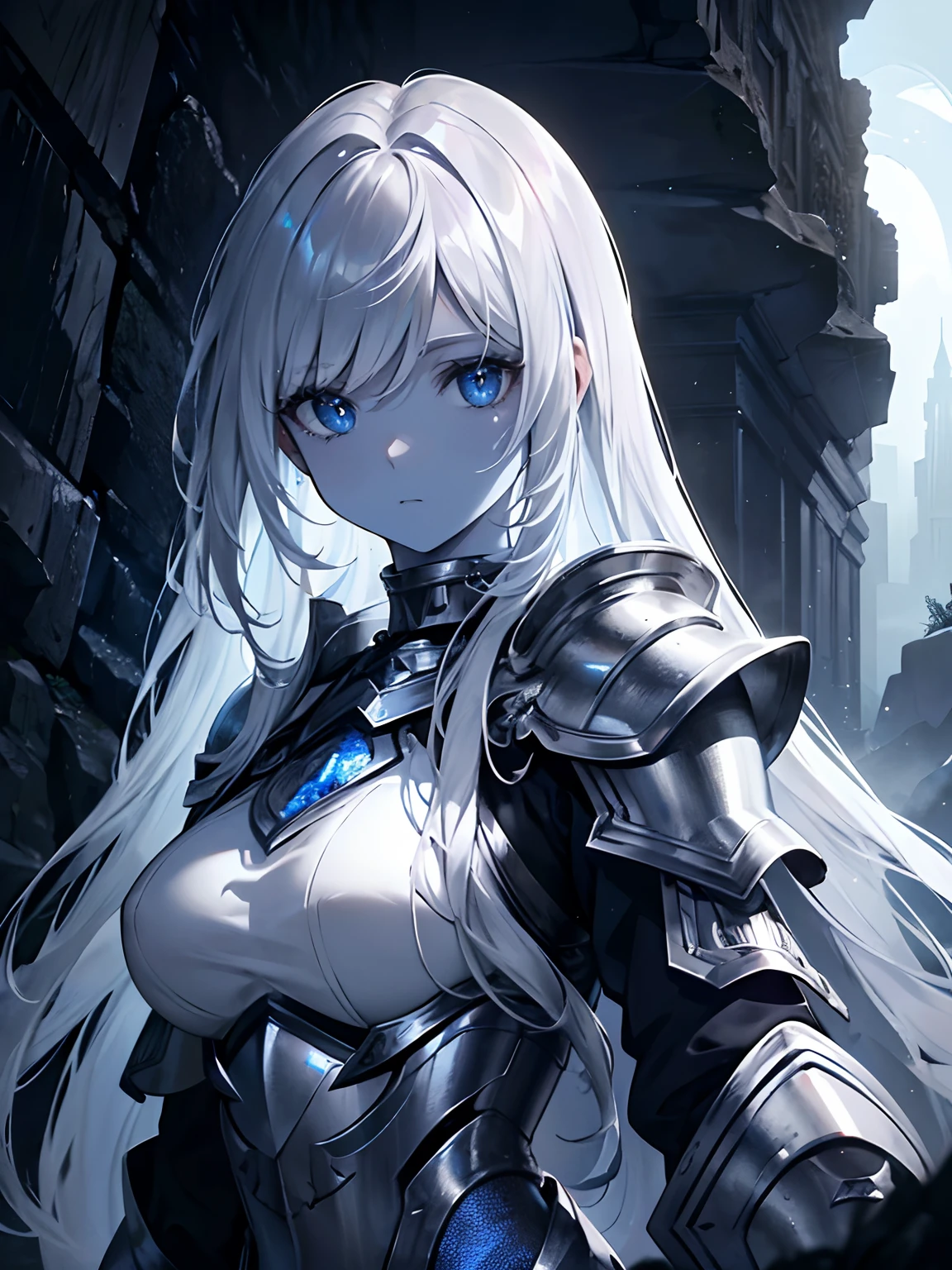 (Masterpiece, Best quality, ultra high resolution),1girl,(colored skin, white skin), silver skin,very long hair,beautiful and detailed face, detailed eyes,armor,hevy armor,in the ancient ruin,in the cave,night,((grey and blue theme)), looking at viewer