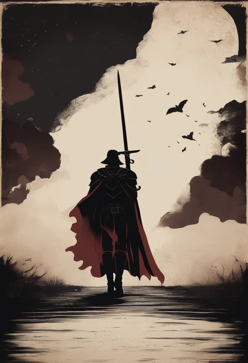 mago poderoso. minimalist print inspired by the Berserk series. The print should capture the dark and epic essence of the story, mas de forma simplificada., Jeito minimalista. Use soft colors and clean lines for representation. Make sure the print is suitable for use on a shirt and conveys the sense of power and tragedy.