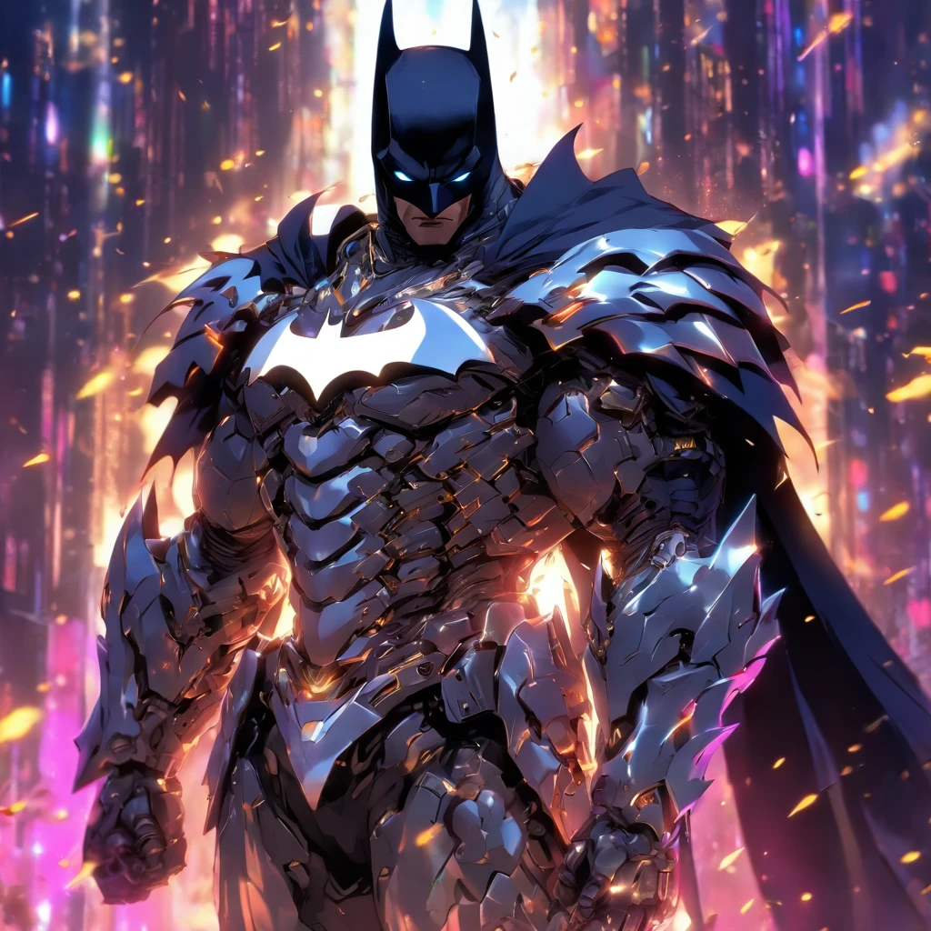 batman in armor with a sword and a cape on his shoulders, intricate assassin mecha armor, elegant smooth silver armor, sleek smooth white plated armor, silver cyber armor, gold and silver armour suit, shiny silver metal armor, arasaka mech, white plated armor, god king of ai art, silver and gold heavy armor, shiny metal armor, white metallic armor