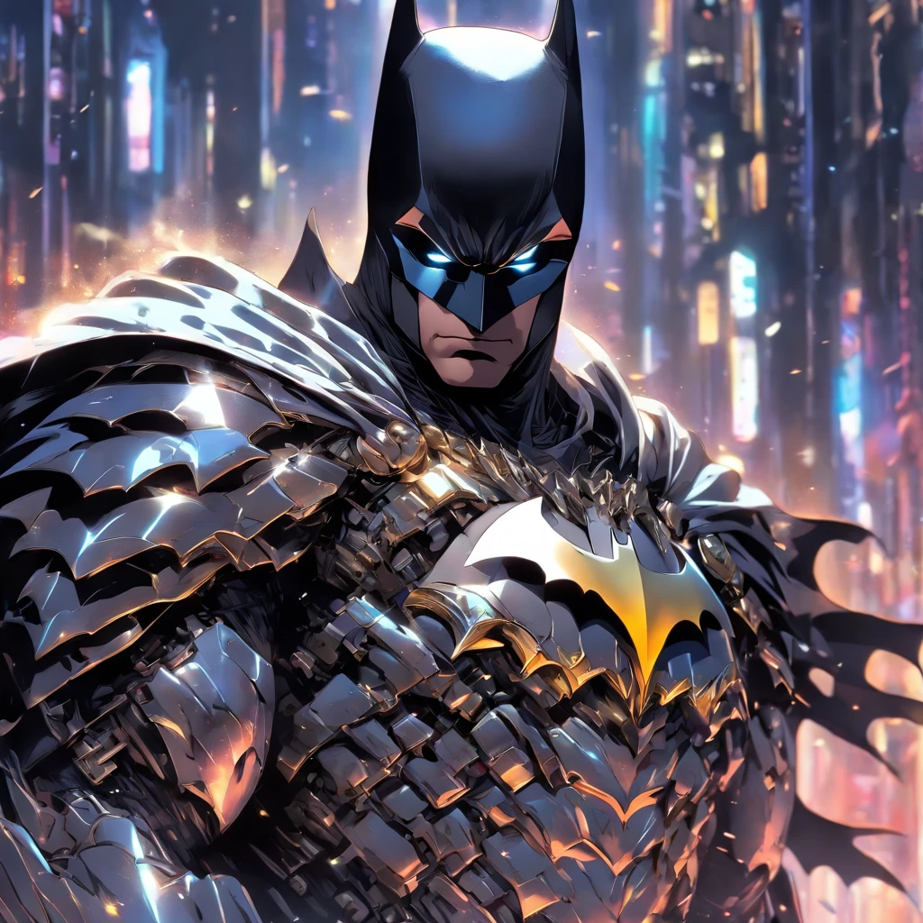 batman in armor with a sword and a cape on his shoulders, intricate assassin mecha armor, elegant smooth silver armor, sleek smooth white plated armor, silver cyber armor, gold and silver armour suit, shiny silver metal armor, arasaka mech, white plated armor, god king of ai art, silver and gold heavy armor, shiny metal armor, white metallic armor