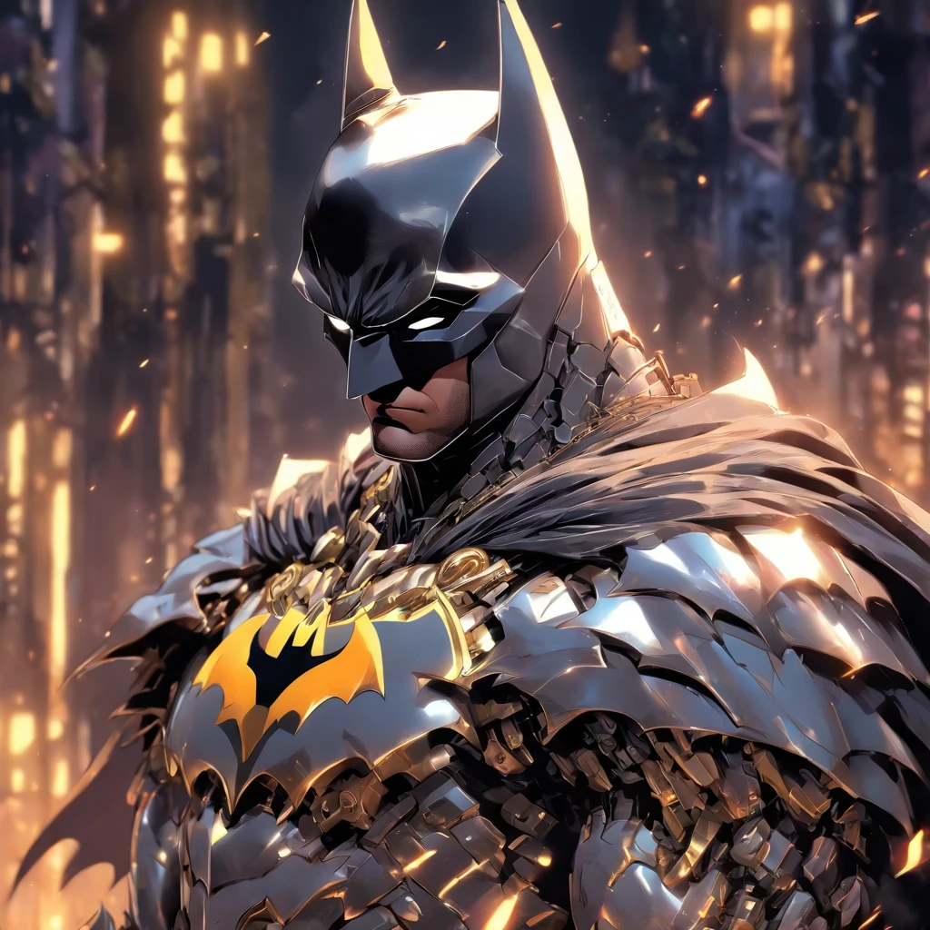 batman in armor with a sword and a cape on his shoulders, intricate assassin mecha armor, elegant smooth silver armor, sleek smooth white plated armor, silver cyber armor, gold and silver armour suit, shiny silver metal armor, arasaka mech, white plated armor, god king of ai art, silver and gold heavy armor, shiny metal armor, white metallic armor