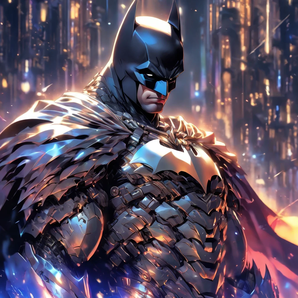 batman in armor with a sword and a cape on his shoulders, intricate assassin mecha armor, elegant smooth silver armor, sleek smooth white plated armor, silver cyber armor, gold and silver armour suit, shiny silver metal armor, arasaka mech, white plated armor, god king of ai art, silver and gold heavy armor, shiny metal armor, white metallic armor