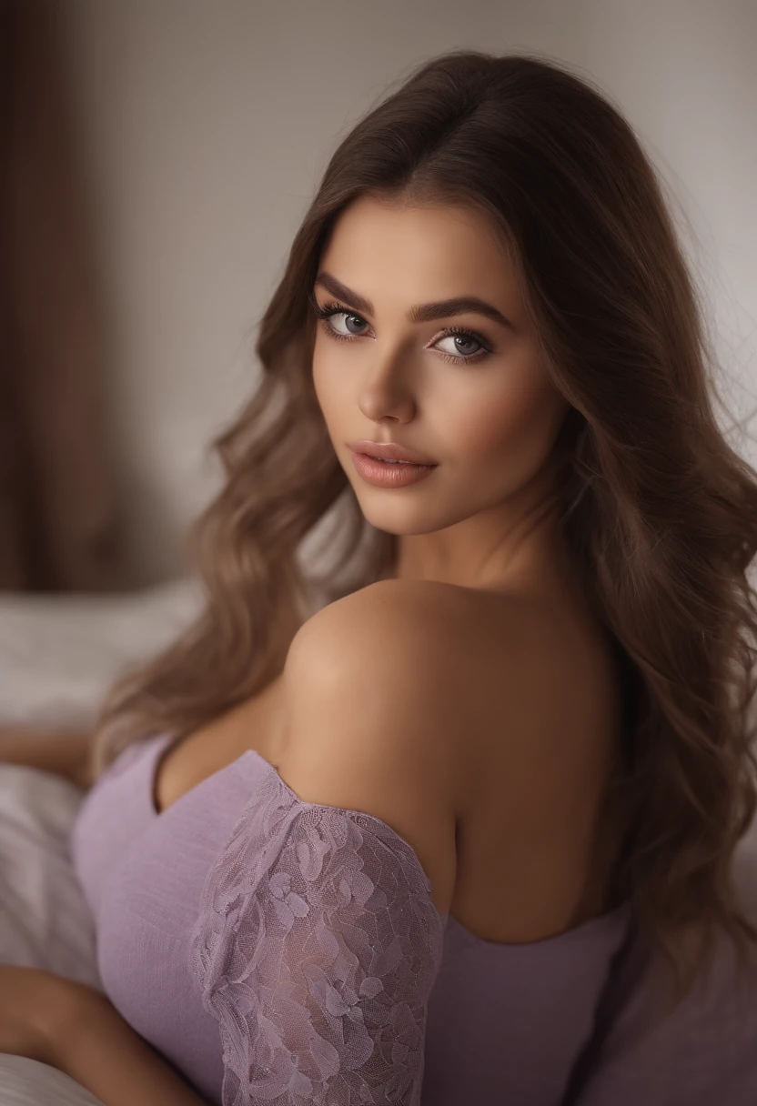 arafed woman fully , sexy girl with brown eyes, ultra realistic, meticulously detailed, portrait sophie mudd, brown hair and large eyes, selfie of a young woman, dubai eyes, violet myers, without makeup, natural makeup, looking directly at the camera, face with artgram, subtle makeup, stunning full body shot kneeling on bed, in bedroom, medium to large size bust