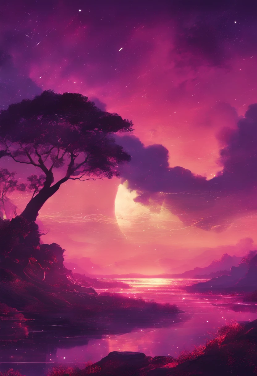 Cielo Profundo, Colores Morados de fondo, Ambiente Mistico, Romantic atmosphere, Dos seres luminosos  besandose y desprendiendo luz en todas direcciones --auto