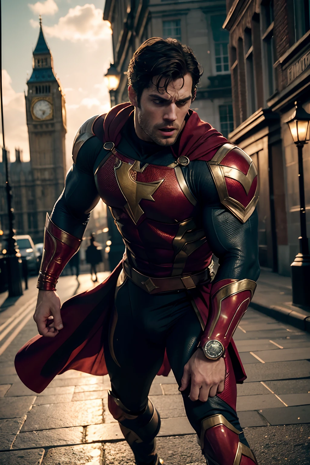 Henry Cavill as Captain Britain, glowing lights, (dynamic pose), (hyper realistic:1.4), (realistic:1.3), (best quality real texture skin), full body, (Cinematic Light), highly detailed skin, skin pores, (highly detailed face:1.1), (highly detailed eyes:1.1), realistic pupils, (perfect anatomy:1.1), (perfect proportions:1.1), (photography:1.1), (photorealistic:1.1), volumetric lighting, dynamic lighting, real shadows, (highres:1.1), sharp focus, daylight, (realistic, hyperrealistic:1.4), intricate, high detail, dramatic, subsurface scattering, big depth of field, vivid, polished, sharpened, ((full Sharp)), (extremely absurdres),8k hdr, London background