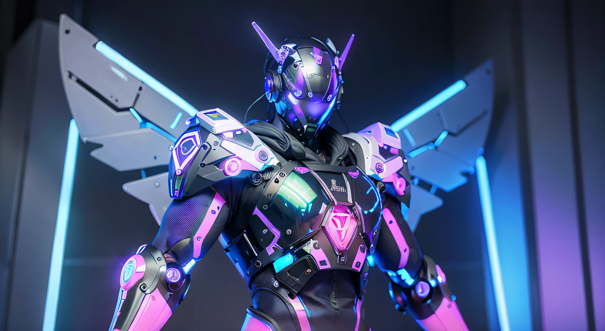 MALE. MAN. MAN. MALE..wings leds, divine paradise. neon blue and Purple butterfly wings leds. heavenly illumination. God. Holy robotic. levitating. Position of god. Deitado na cama. strong, robust and masculine body. fat arms. Position of divinity. Floating. divine statue, pedestal, holy pedestal. levitating. masterpiece, best quality, a close up of a futuristic looking cyborg man with a fantastic cyber helmet head with blue and Purple triangle led lights and a halo, full body, dancing. dance. synthwave ballad. silver pants. wearing a blue and Purple techwear jacket, white church in background. jump, full body, robotic legs. divine statue, pedestal, holy pedestal. neon blue and Purple butterfly wings leds. MASCULINE. MALE MASCULINE. Boy Muscular