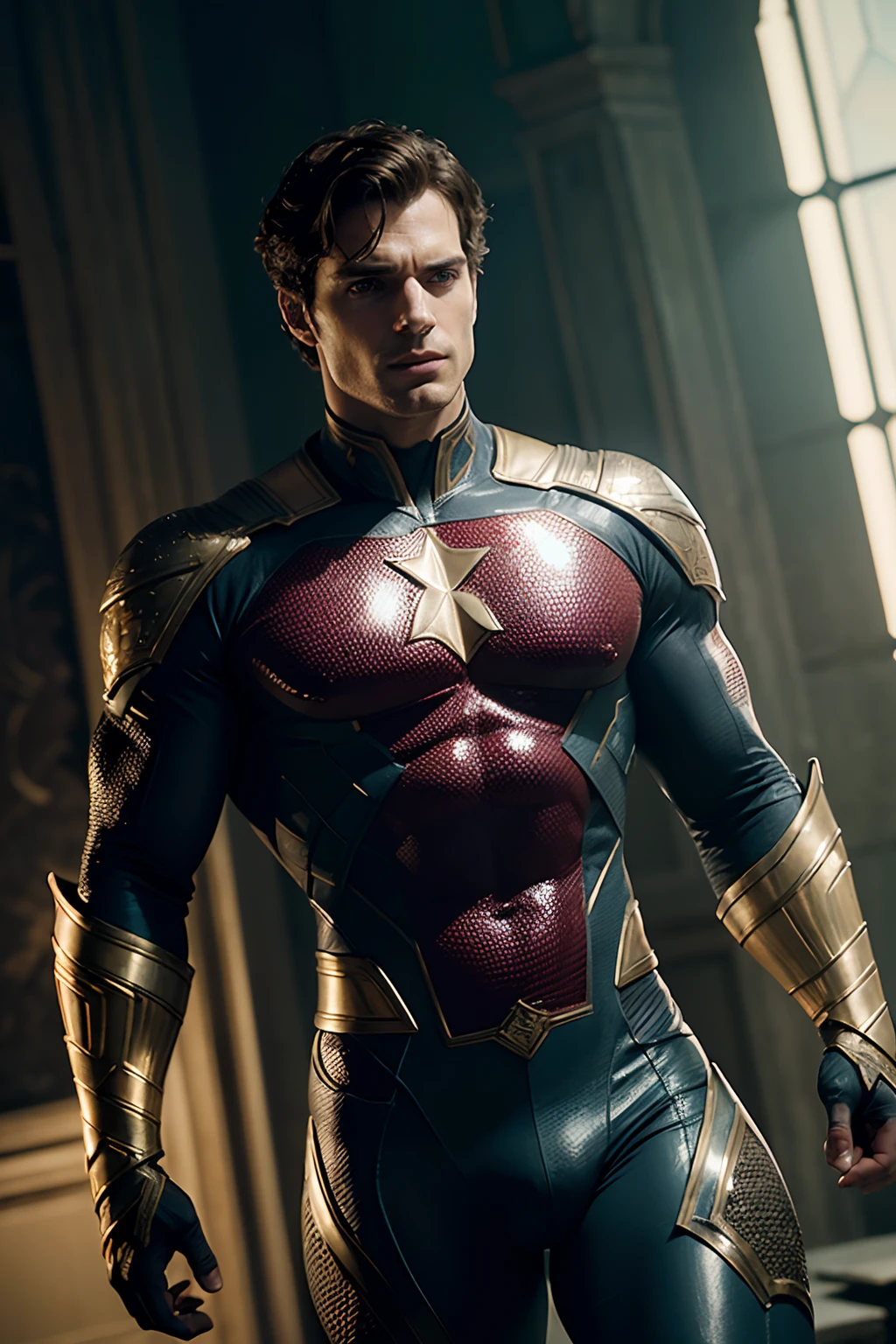 Henry Cavill as Captain Britain, glowing lights, (dynamic pose), (hyper realistic:1.4), (realistic:1.3), (best quality real texture skin), full body, (Cinematic Light), highly detailed skin, skin pores, (highly detailed face:1.1), (highly detailed eyes:1.1), realistic pupils, (perfect anatomy:1.1), (perfect proportions:1.1), (photography:1.1), (photorealistic:1.1), volumetric lighting, dynamic lighting, real shadows, (highres:1.1), sharp focus, daylight, (realistic, hyperrealistic:1.4), intricate, high detail, dramatic, subsurface scattering, big depth of field, vivid, polished, sharpened, ((full Sharp)), (extremely absurdres),8k hdr, London background
