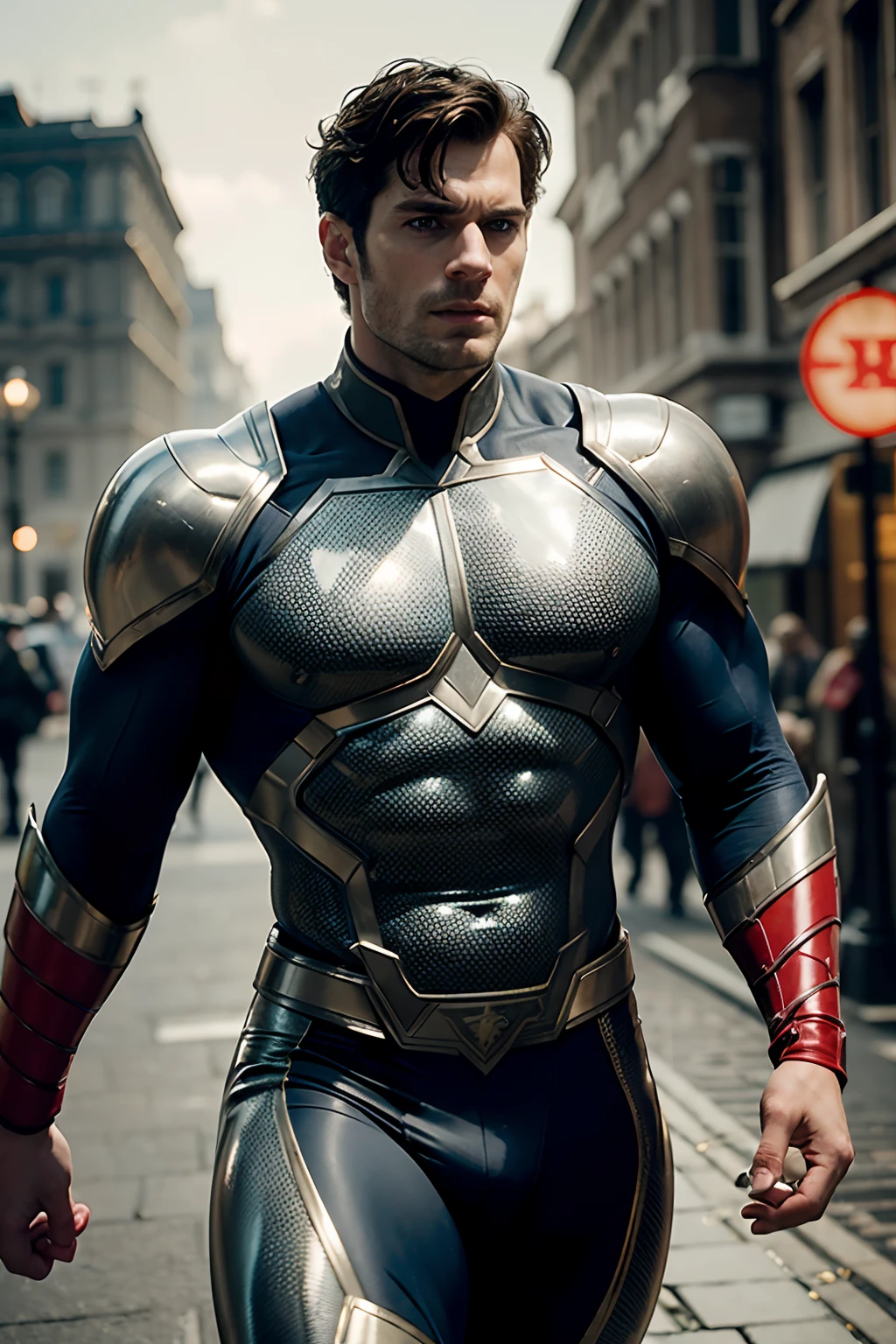 Henry Cavill as Captain Britain, glowing lights, (dynamic pose), (hyper realistic:1.4), (realistic:1.3), (best quality real texture skin), full body, (Cinematic Light), highly detailed skin, skin pores, (highly detailed face:1.1), (highly detailed eyes:1.1), realistic pupils, (perfect anatomy:1.1), (perfect proportions:1.1), (photography:1.1), (photorealistic:1.1), volumetric lighting, dynamic lighting, real shadows, (highres:1.1), sharp focus, daylight, (realistic, hyperrealistic:1.4), intricate, high detail, dramatic, subsurface scattering, big depth of field, vivid, polished, sharpened, ((full Sharp)), (extremely absurdres),8k hdr, London background