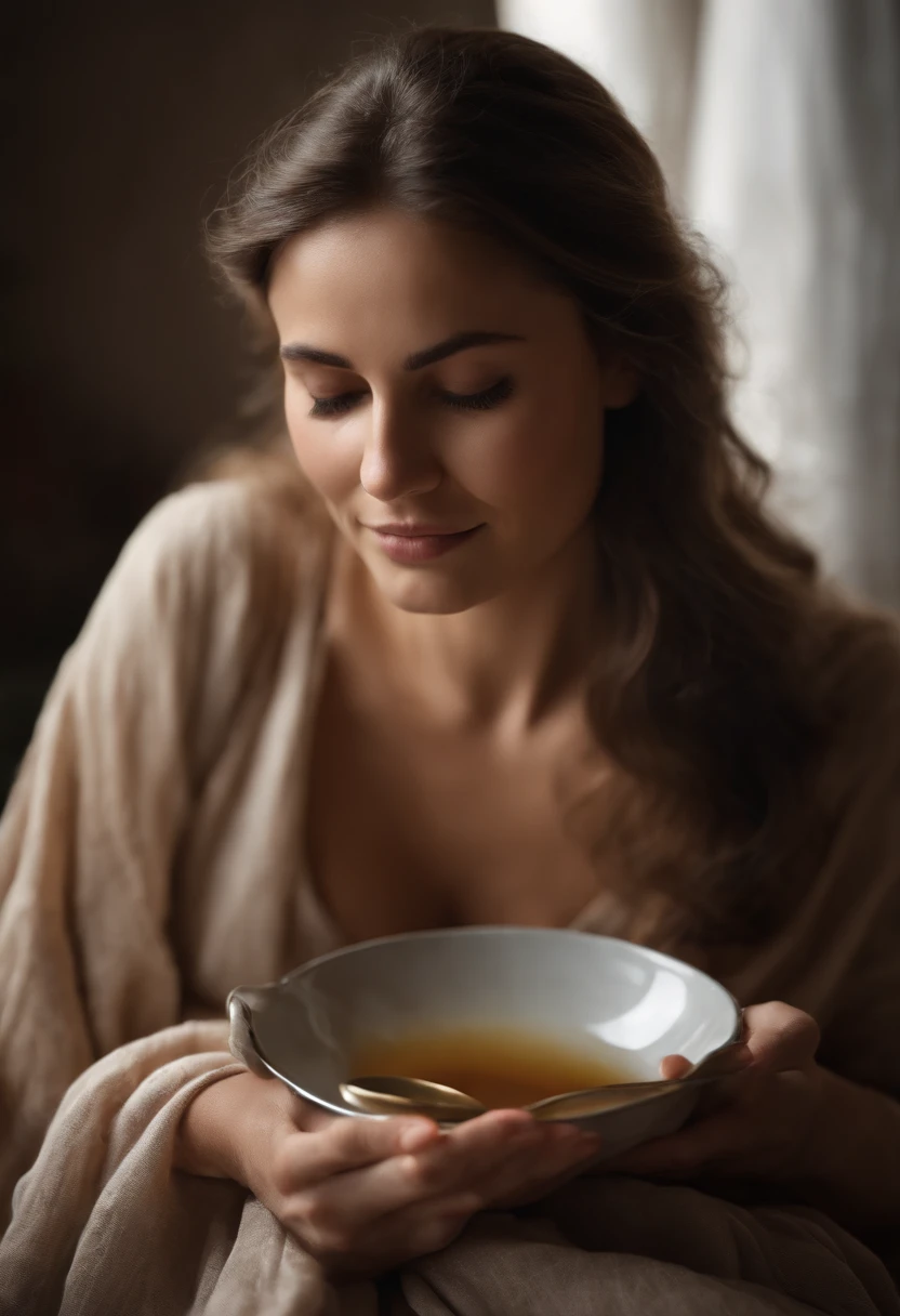 (best quality, 4k, high resolution:1.2), tired young mother, holding a cloth and a spoon, 30 years old, sleepy, optimistic gaze, gentle smile, enjoying life, crisp details, detailed eyes and lips