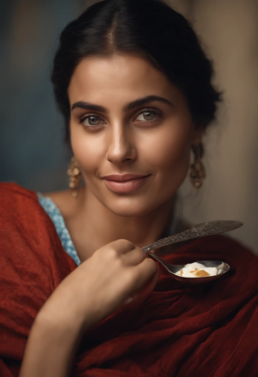 (best quality, 4k, high resolution:1.2), tired young mother, holding a cloth and a spoon, 30 years old, sleepy, optimistic gaze, gentle smile, enjoying life, crisp details, detailed eyes and lips