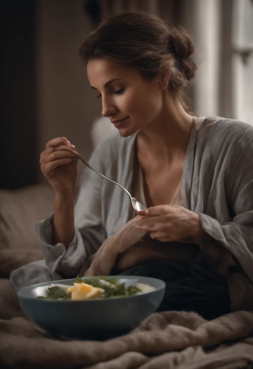 A redhead white with blue eyes with huge nude breasts milking herself in a bowl and her son is watching waiting for his meal