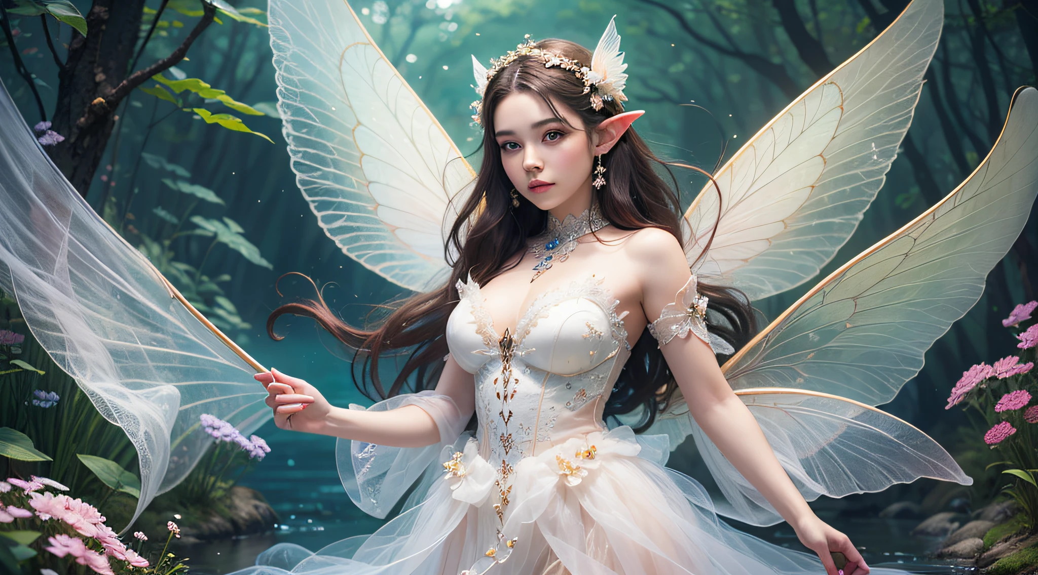 araffe fairy in a white dress walking through a stream, digital art inspired by WLOP, cgsociety contest winner, fantasy art, beautiful fairy, beautiful adult fairy, ethereal wings, a stunning young ethereal figure, portrait of a fairy, brunette elf with fairy wings, portrait of fairy, big white glowing wings, astral fairy, beautiful adult book fairy, ethereal beauty