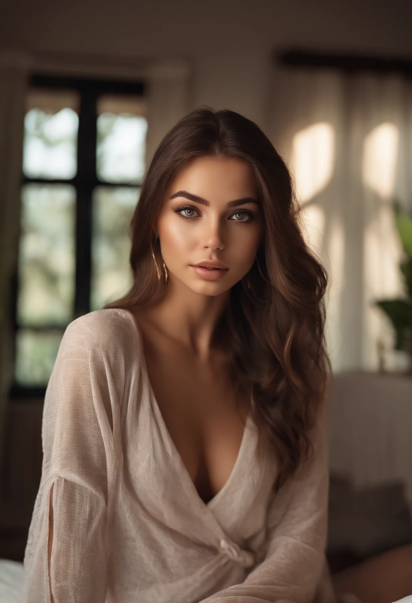 arafed woman fully , sexy girl with brown eyes, ultra realistic, meticulously detailed, portrait sophie mudd, brown hair and large eyes, selfie of a young woman, dubai eyes, violet myers, without makeup, natural makeup, looking directly at the camera, face with artgram, subtle makeup, stunning full body shot kneeling on bed, in bedroom,