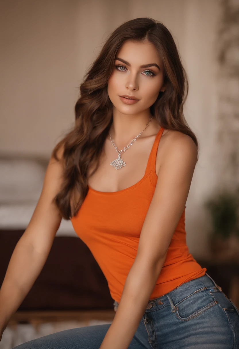 arafed woman with a red tank top and a necklace, sharing drinks with friends, sexy girl with green eyes, portrait sophie mudd, brown hair and large eyes, selfie of a young woman, bedroom eyes, violet myers, without makeup, natural makeup, looking directly at the camera, face with artgram, subtle makeup, stunning full body shot, piercing green eyes, beautiful angle, attractive pose, cute girl, brunette goddess, high detail, satisfied pose, wearing orange boots, skirt, tattoo of a dove on her right shoulder
