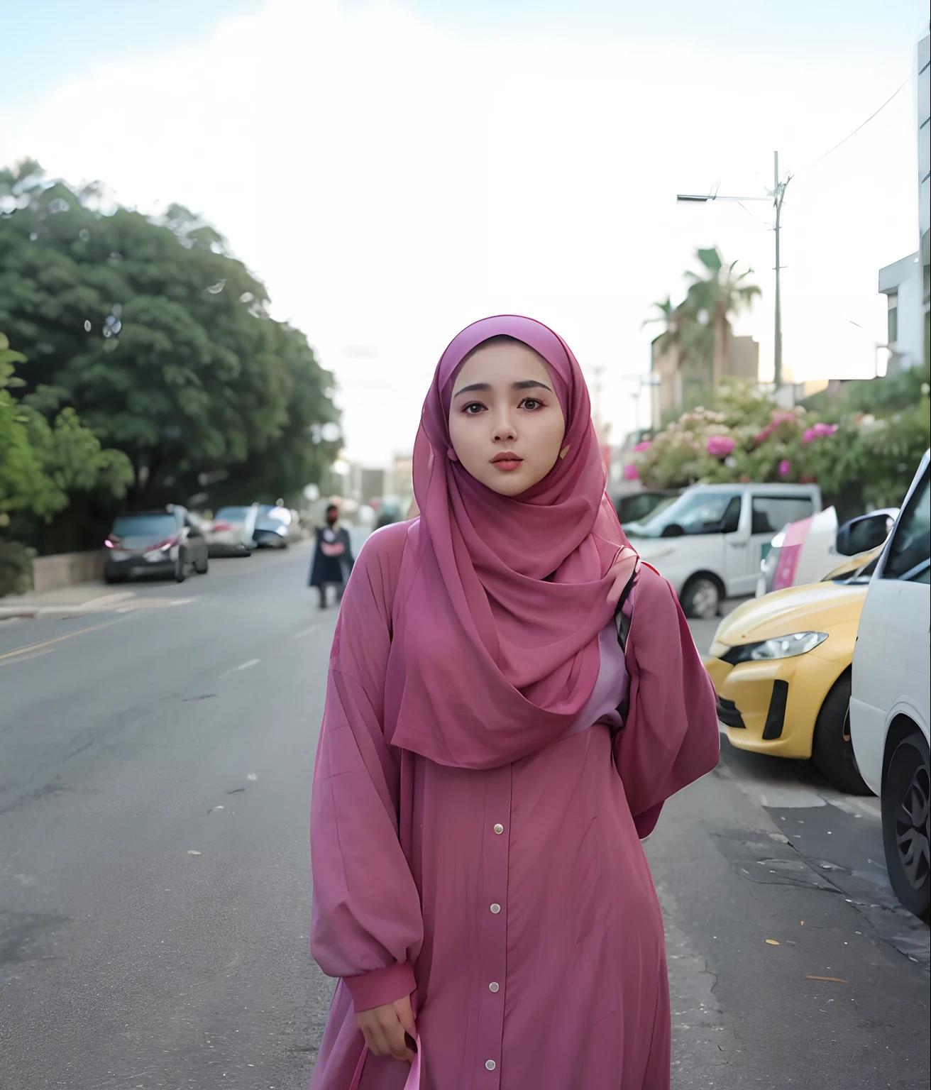 there is a woman standing on the street in a pink hijab and bikini, inspired by Naza, malaysian, hijab, inspired by Nazmi Ziya Guran, inspired by Fathi Hassan, student, inspired by Shaddy Safadi, faridah malik, inspired by JoWOnder, inspired by Ismail Acar, cute woman, taken at golden hour, in city street