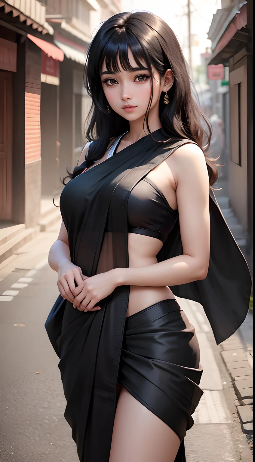 Best quality, masterpiece, ultra high res, (photorealistic:1.4), raw photo, (perfect body shape), (beautiful face), dynamic pose, 1girl, Indian hindu girl, jwellery, saree, in the dark, night, on the street, india, deep shadow, low key, cold light 12000K