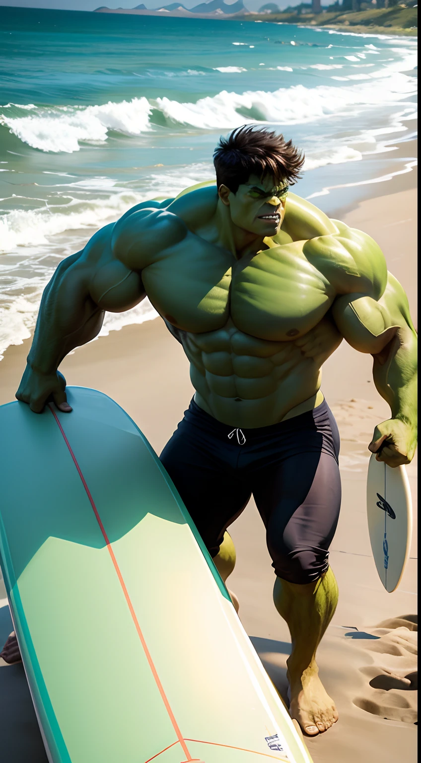 hulk holding a surfboard at the beach