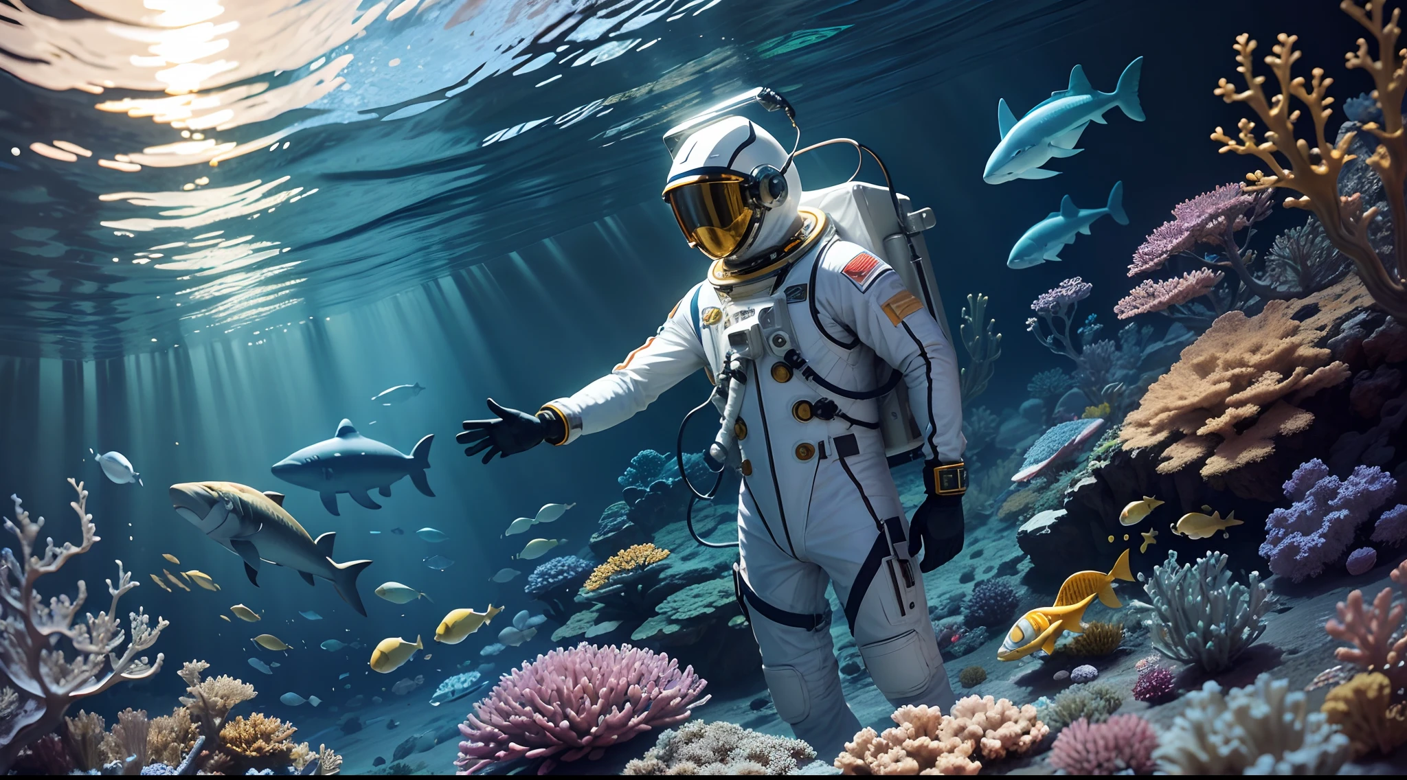 Image of astronaut with gold and silver suit standing,  near the colorful corals near the surface colorful fishes octopus and sharks