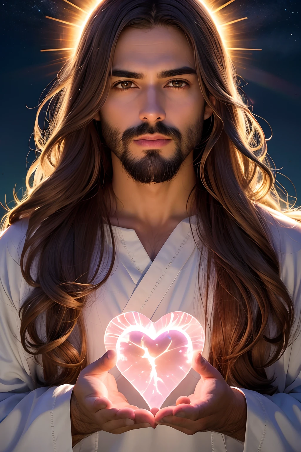Jesus Cristo, Showing the heart, Holy Moment of Revelation, Nuvens celestiais, cara bonita, Pele rosa, luz solar do solo, Cinematic light, cabelos longos, homem bonito, olhos bonitos, brown hair, anatomia perfeita, muito fofo, prince eyes, (olhos de mel), Imagem centralizada, Estilizado, bio-luminescence, tamanho real 8, 8K resolution