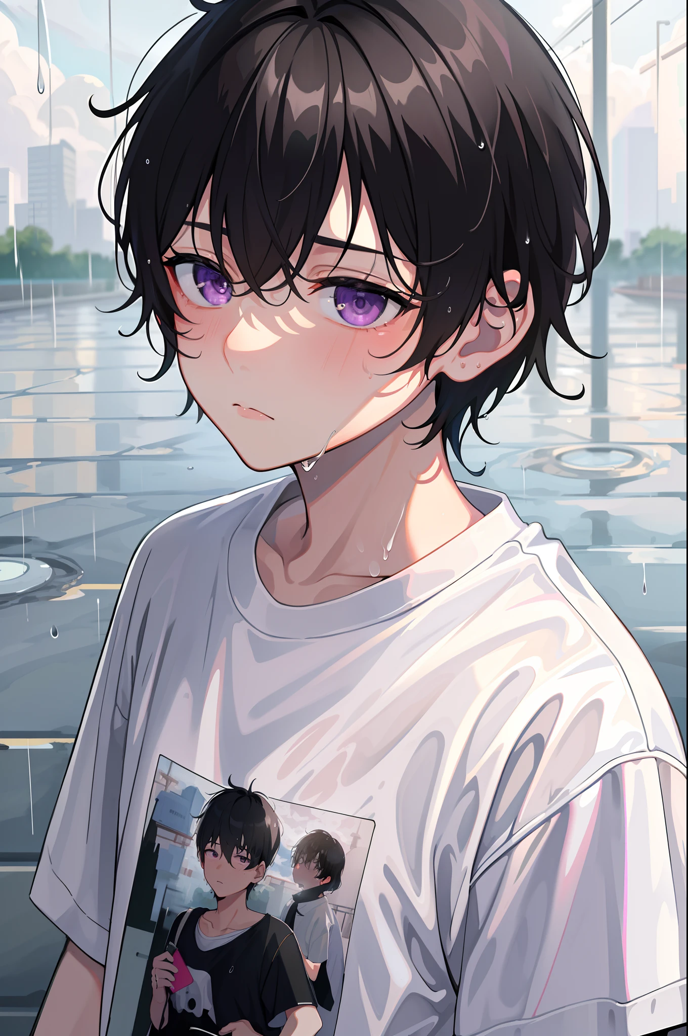 masterpiece, best quality, {best quality}, {{masterpiece}}, {highres}, {{depth of field}}, extremely detailed boy, illustration, solo, sharp focus, male focus, black hair, short hair, violet eyes, hair between eyes, flat chest, rain, water drop, looking up, absurdres, depressed, grey_sky, cloudy sky, t-shirt, wet clothes, wet hair, expressionless, outdoors,