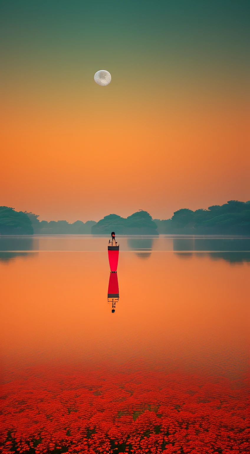 monochromatic [red,Orange,yellow] portrait [vietgongs On your back next to some flowers]standing on water near the moon | futuristic minimalism | flattened perspective | misty atmosphere | panoramic scale; passage muted tones | surrealism | horizons,4k, cinematic Sony A7 IV film 35mm
