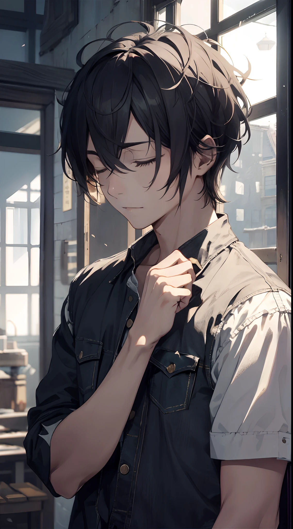 Scene interior，The boy closed his eyes。
shot of：Medium view
description：The protagonist closes his eyes，Gently press your forehead with your hand，Symbolizes inner confusion and pain
