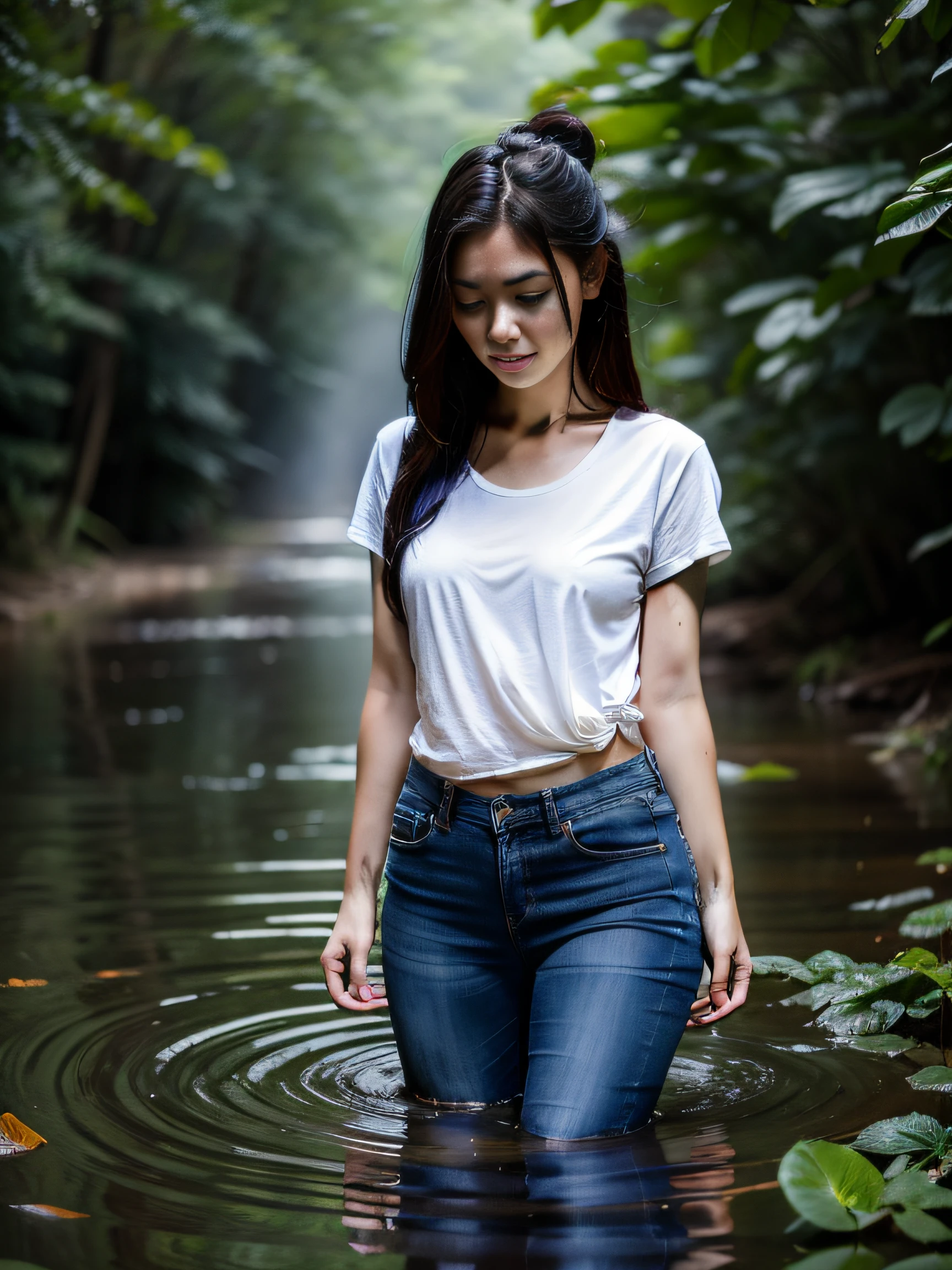 The woman stands in the middle of a marsh, waist-deep in murky water. Her pale face is contorted in a mix of shame and delight as she gives into her perverted fetish. Wearing a faded pair of jeans and a t-shirt, her long hair is twisted into a loose bun and trails down her back. The chill in the air makes it difficult to move, but she doesn't seem to care. Her body is tensed, but it's hard to tell if she's afraid or just embarrassed at being caught. The murky water and the damp soil beneath her feet makes it hard to keep her footing, and the dense fog and flickering lights further add to the feeling of unease. The only sound that breaks the silence is the occasional croak of a frog or the rustling of leaves in the wind. It's as if she's caught in a dream