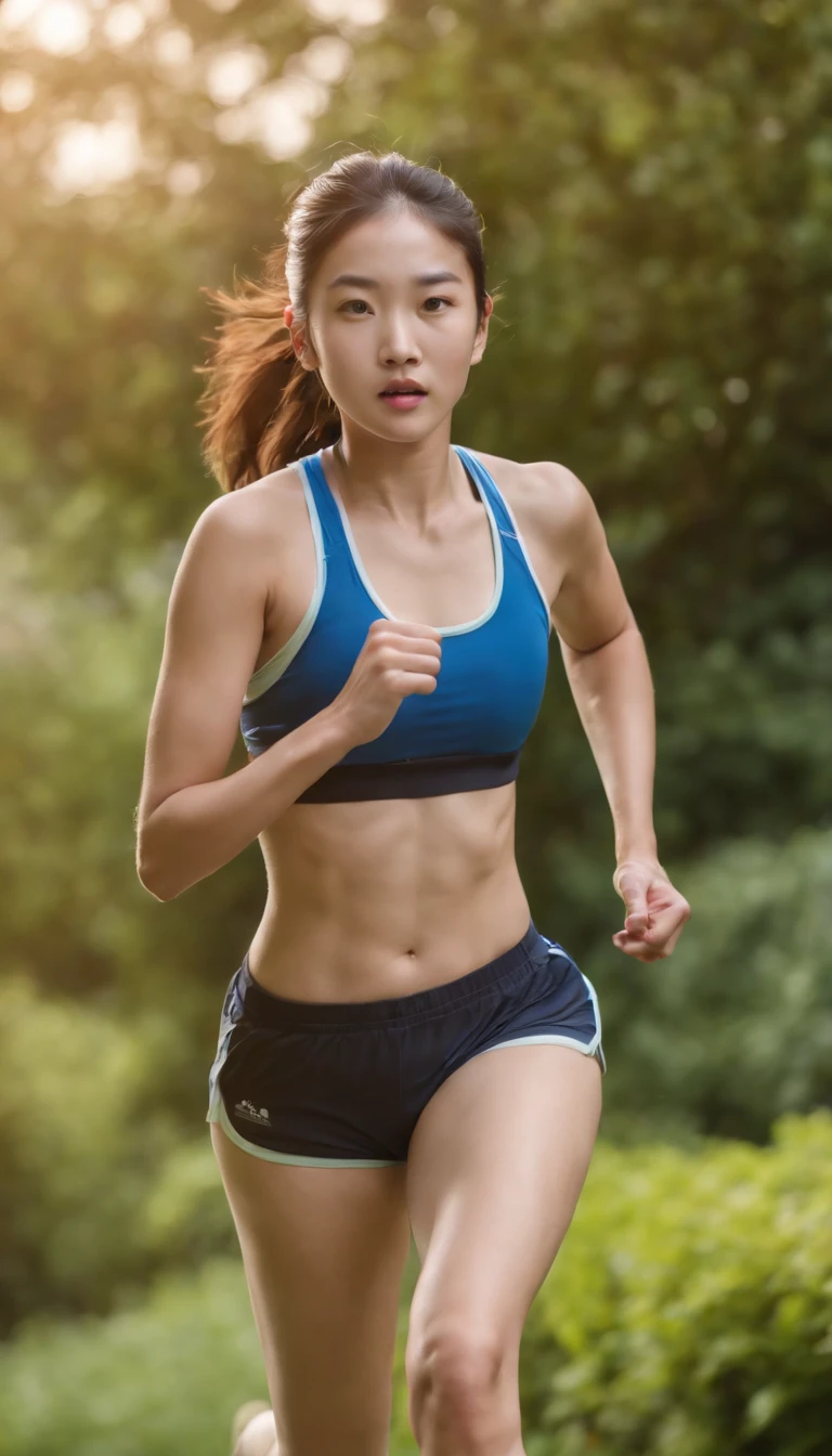 girl, Chinese girl, wearing sport shorts, running, sweeting, jogging, garden, morning, realistic lighting