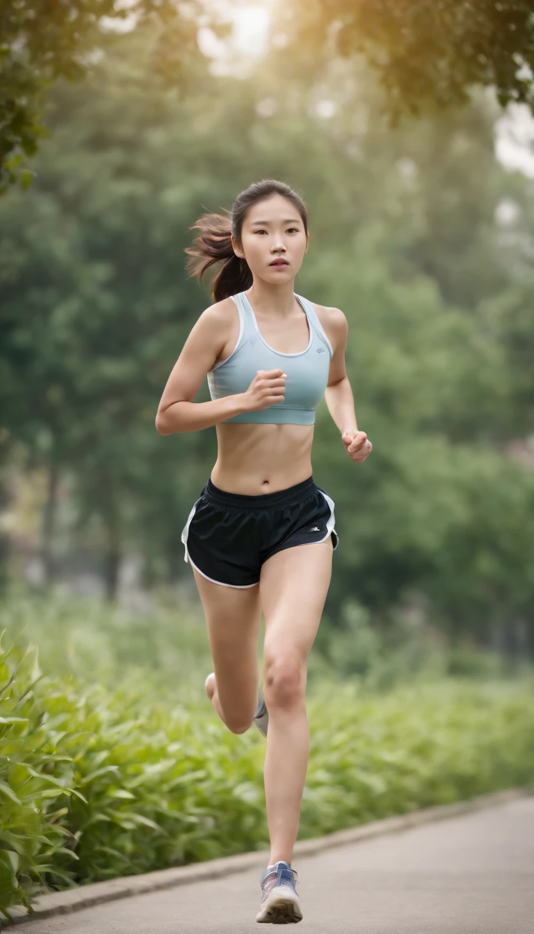  girl, Chinese girl, wearing sport shorts, running, sweeting, jogging, garden, morning, realistic lighting