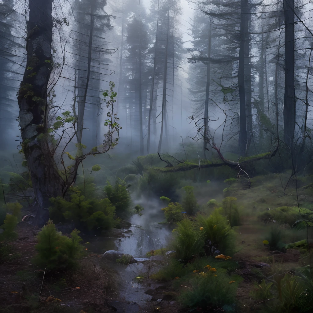 Swamp, Horror, dark forest, black forest, fog, horror forest, dead trees, dying old grass, The Forgotten Trail, Crooked path in the forest, Gloomy Shadows, Light breaks through the branches of dry trees, Old spruce trees are hidden by clouds of fog