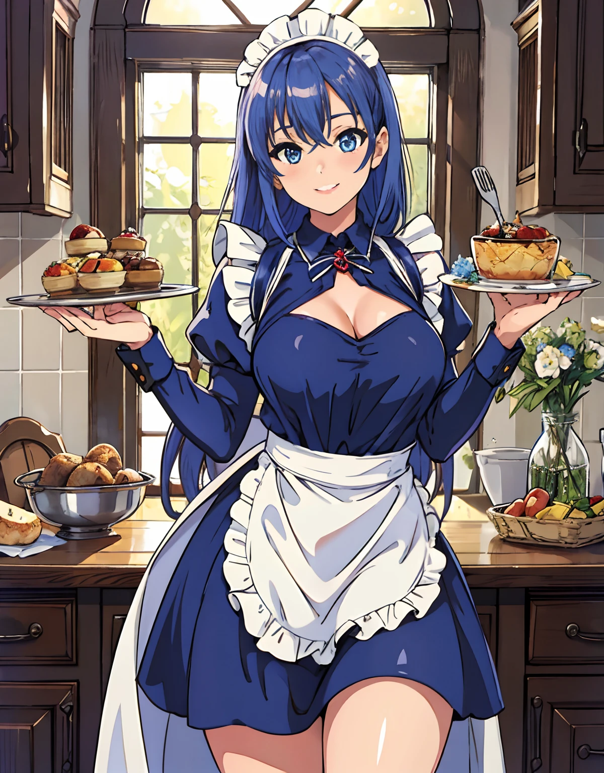 (Best Quality, Masterpiece),sexy teen, Front cover of a women's cooking magazine, naked,  erotic, 18+, nsfw, 1girl, 16  years old, stunning, cute, smile, hourglass figure, Maid costume, beautiful food, text, diagrams, advertisements, magazine title,                                                                                      long dark blue hair,blue detailed sparkling eyes,One strand of hair hangs down over his forehead